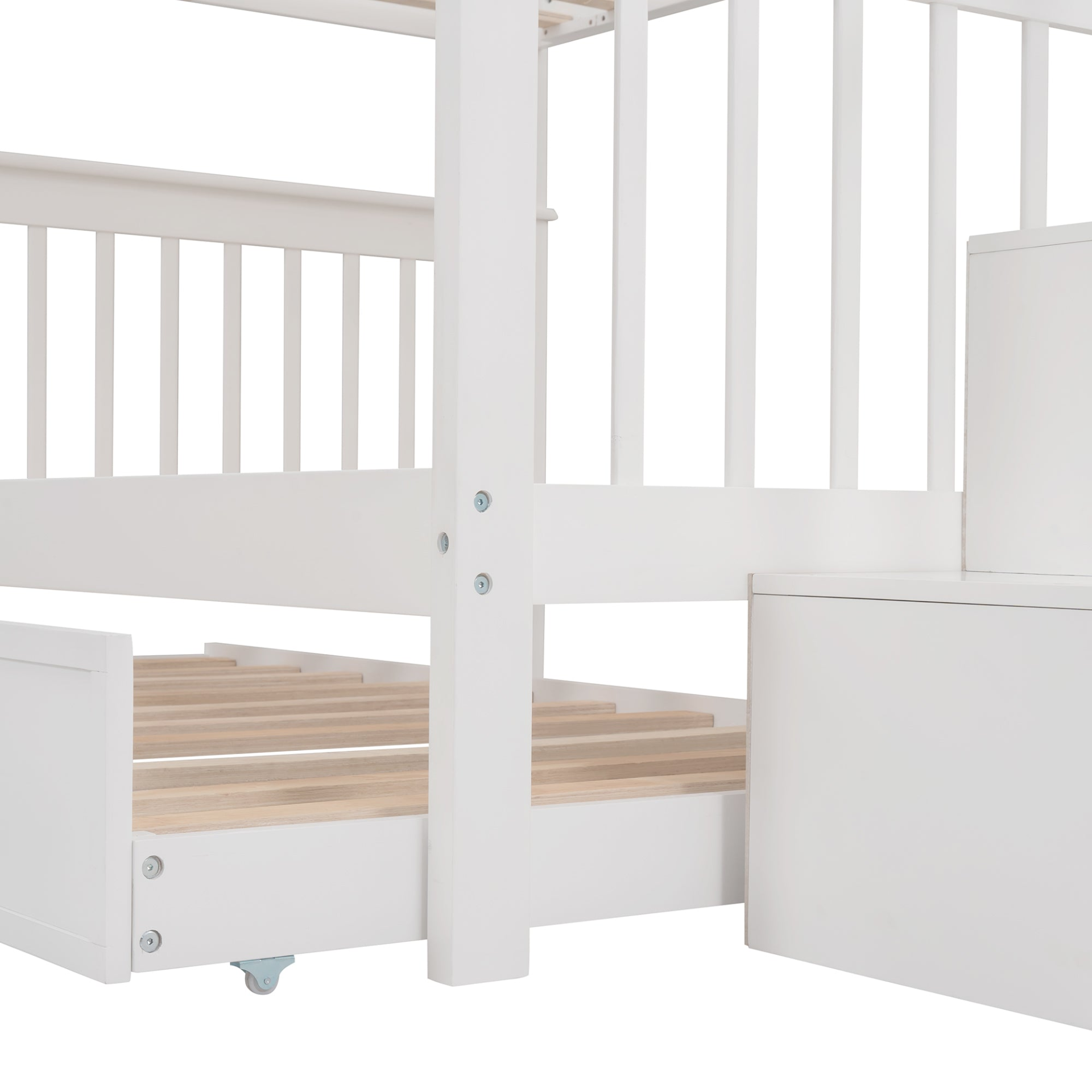 Start2Finish stairway full-over-full bunk bed with twin trundle, storage drawers, and safety guard rail in a bedroom setting.