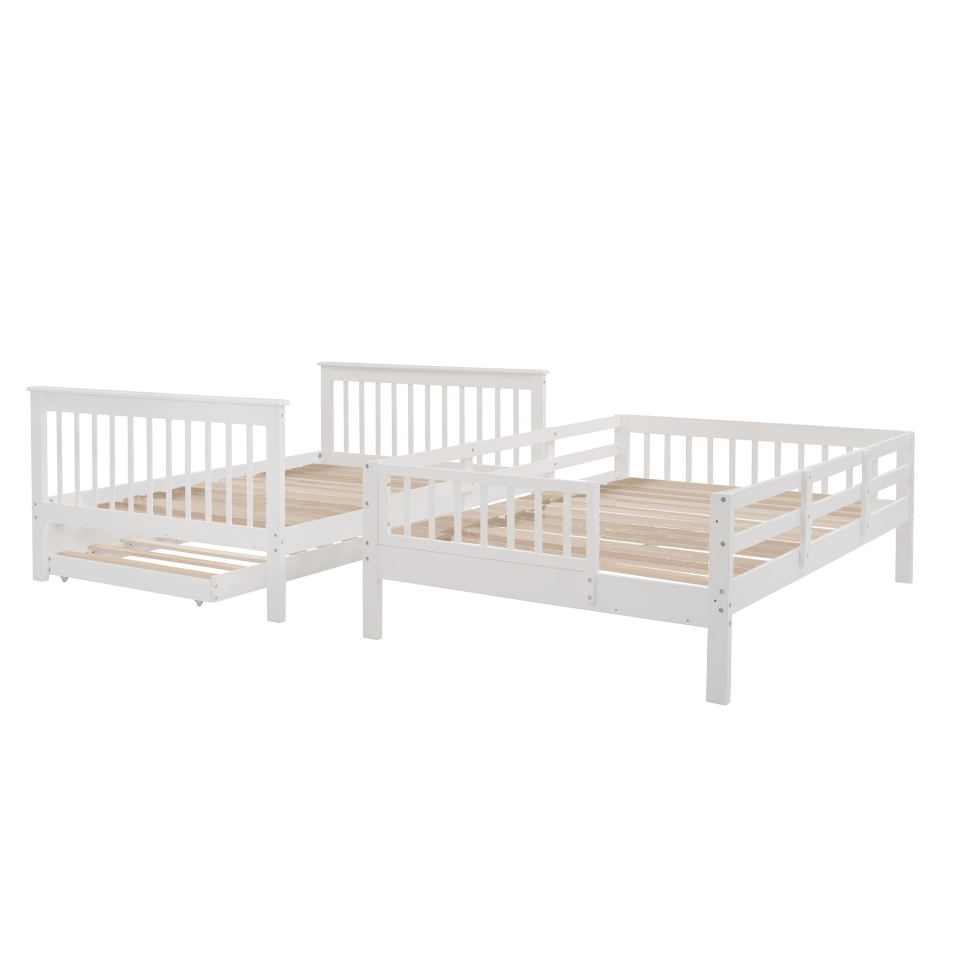 Start2Finish stairway full-over-full bunk bed with twin trundle, storage drawers, and guard rails in a bedroom setting
