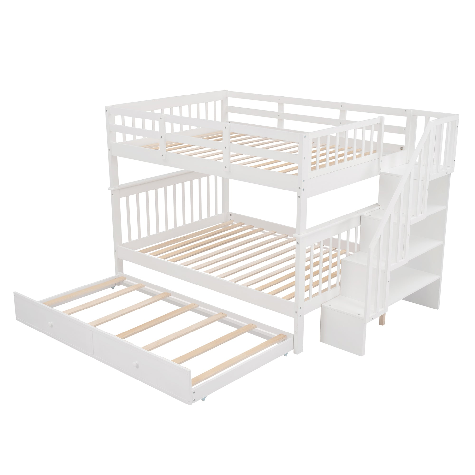 Start2Finish stairway full-over-full bunk bed with twin trundle, storage drawers, and guard rails in a bedroom setting.