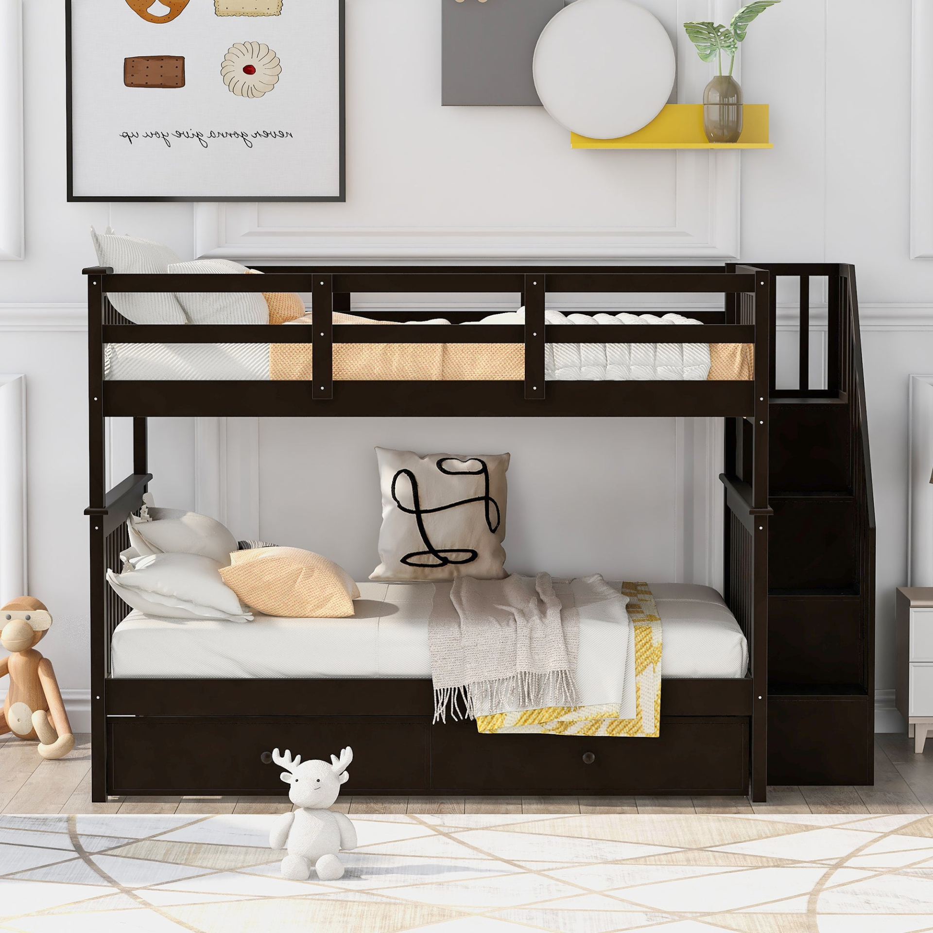 Start2Finish Stairway Full-Over-Full Bunk Bed with twin trundle, storage drawers, and guard rail in a bedroom setting