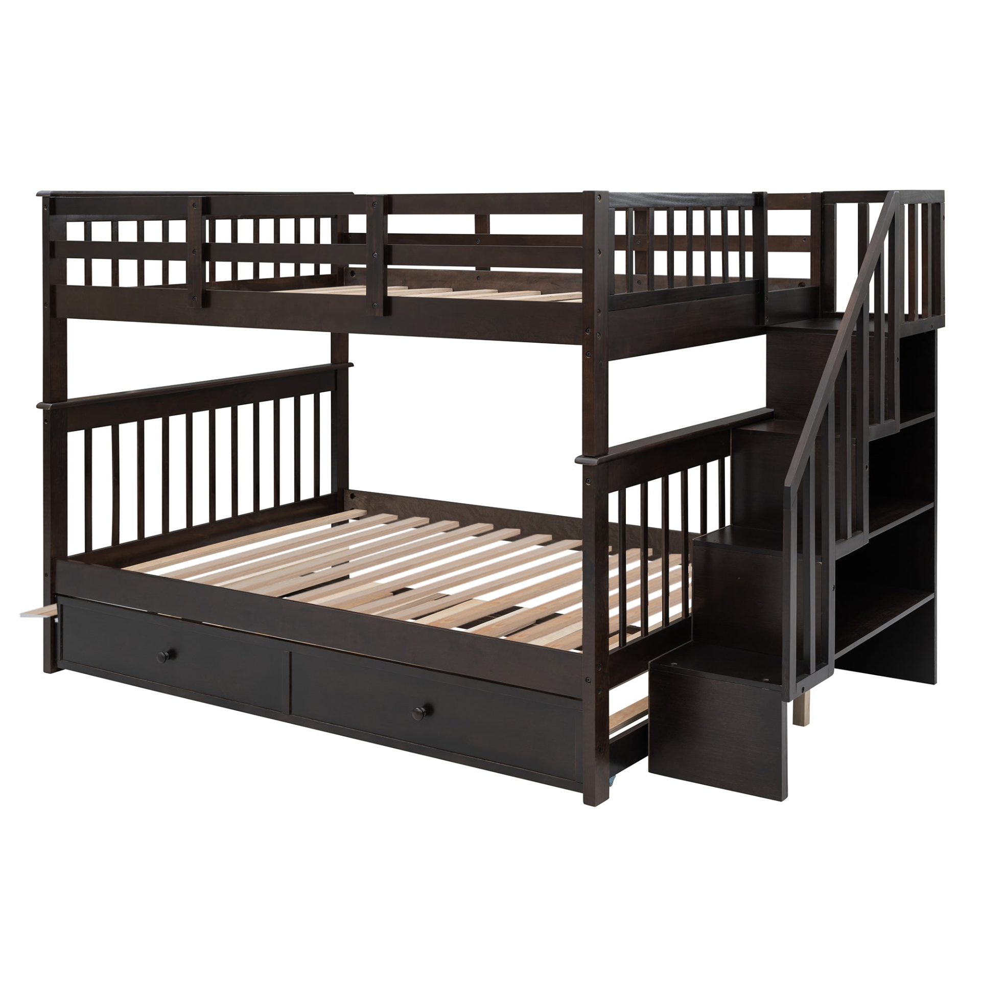 Start2Finish stairway full-over-full bunk bed with twin trundle, storage drawers, and guard rails in a bedroom setting.