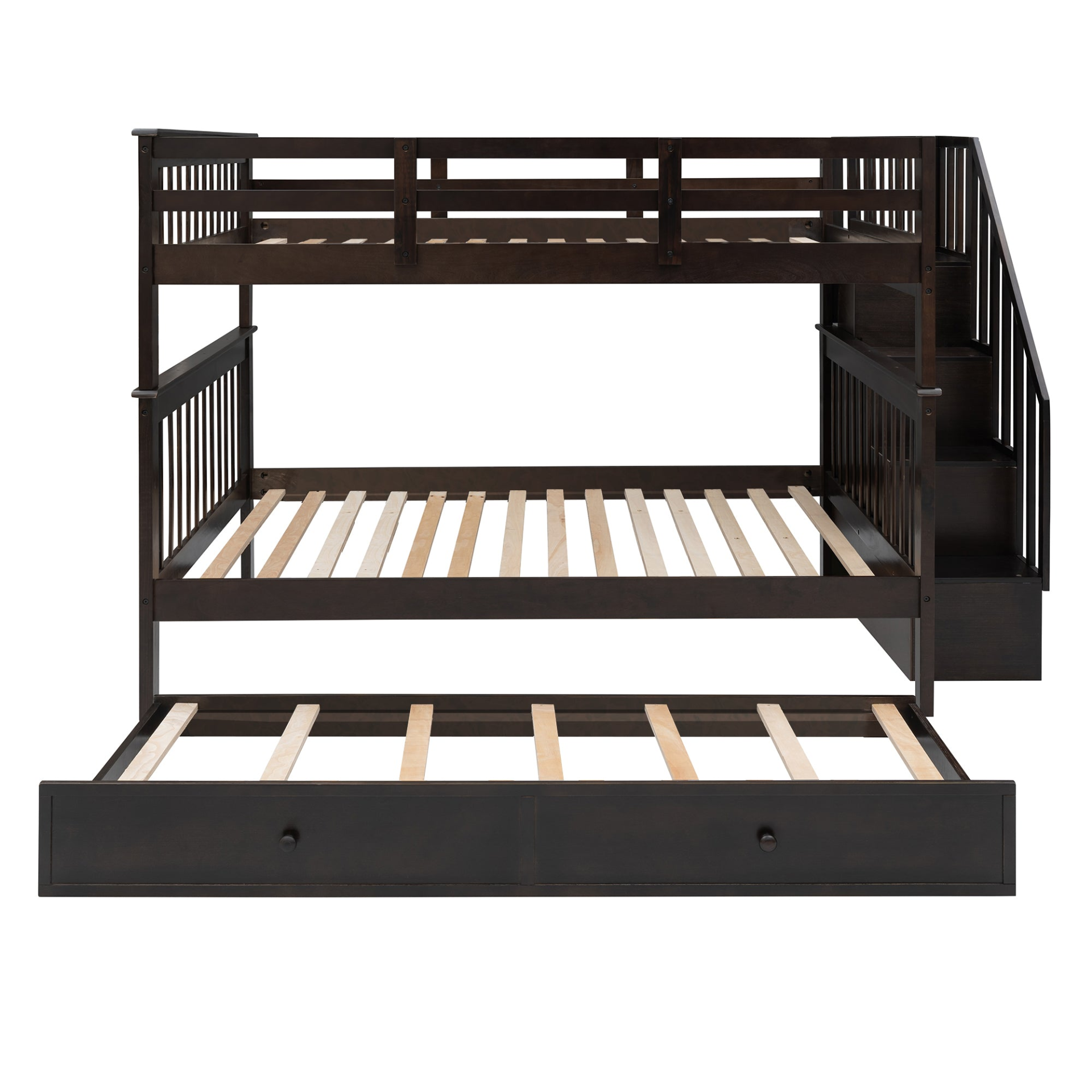 Start2Finish stairway full-over-full bunk bed with twin trundle, storage drawers, and guard rail in a bedroom setting.