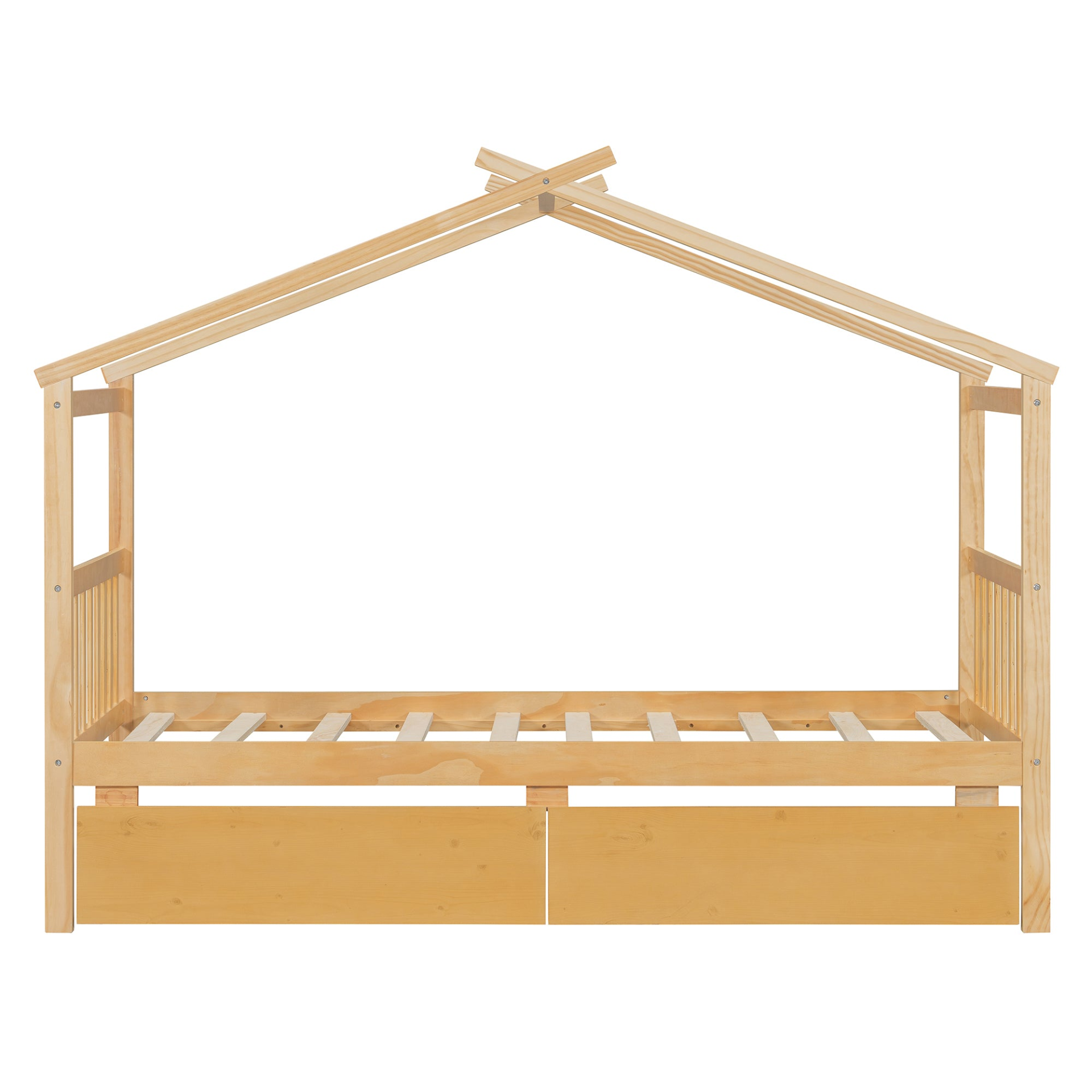 Start2Finish wooden house bed for kids with built-in drawers, solid construction, featuring a charming house design in a child&