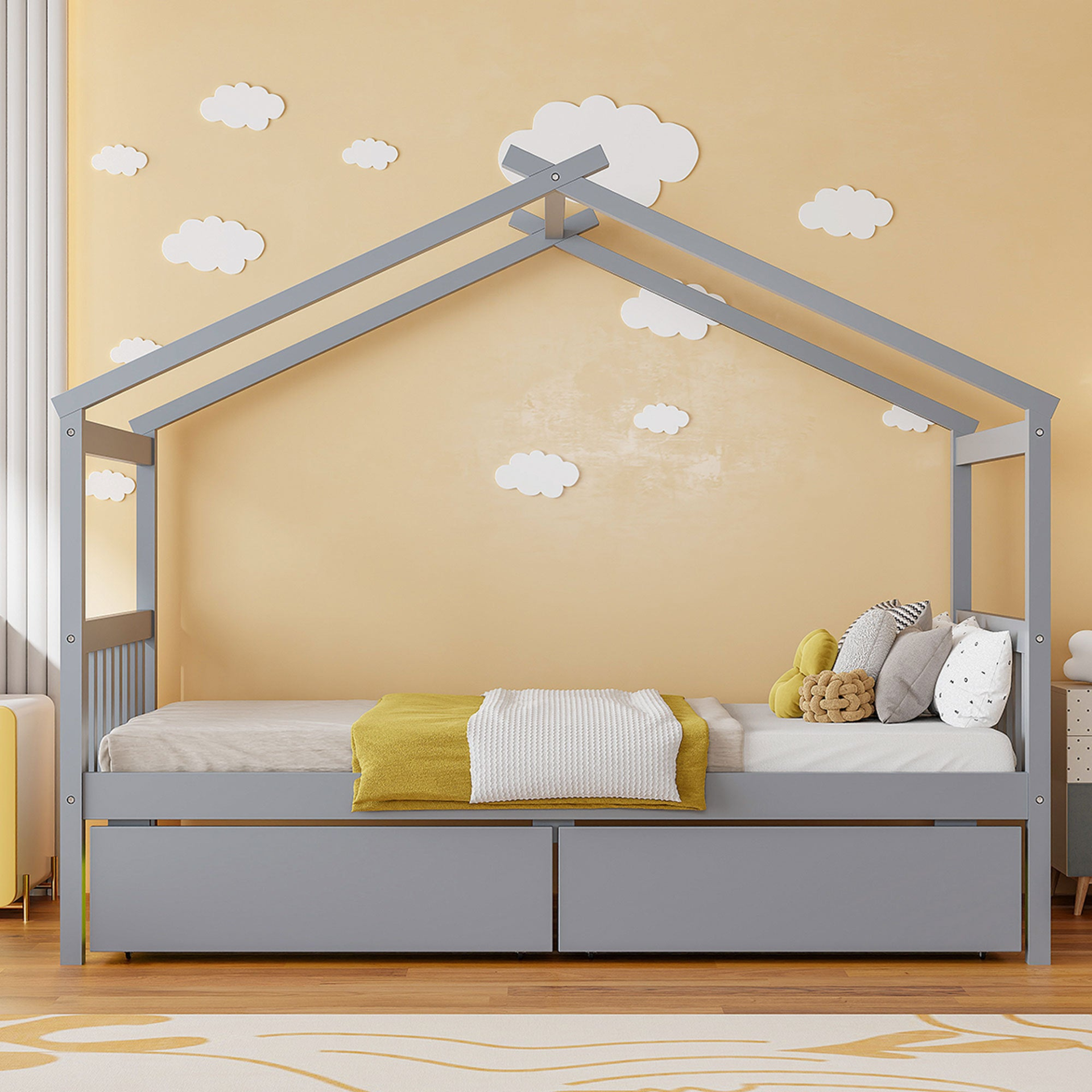 Start2Finish wooden house bed with built-in drawers for kids&