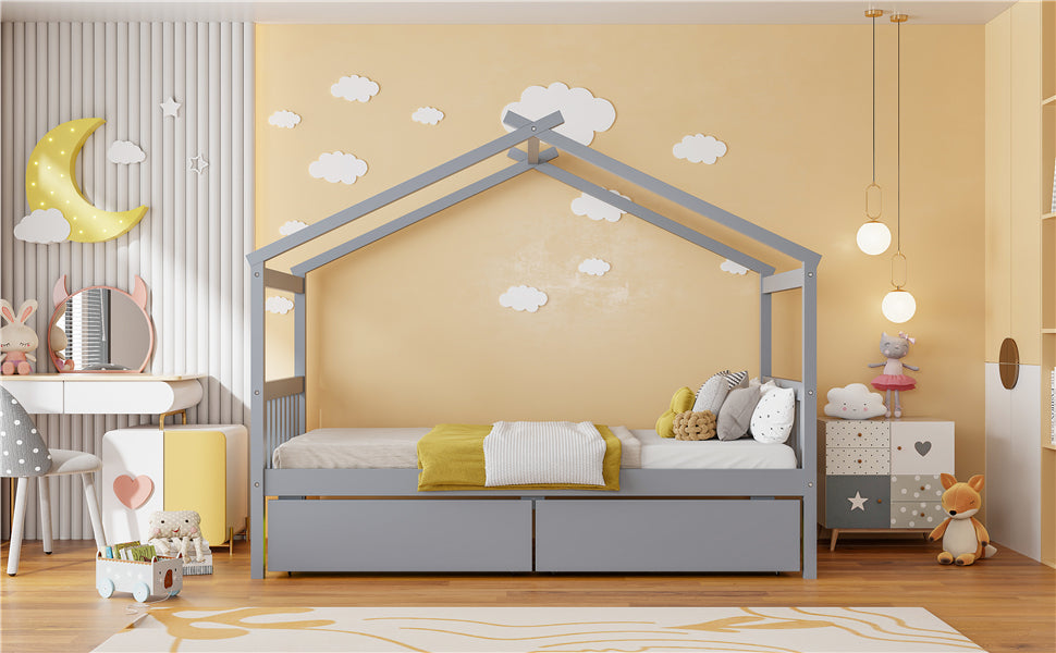 Start2Finish wooden house bed for kids with built-in drawers, solid construction and charming design for children’s bedroom.