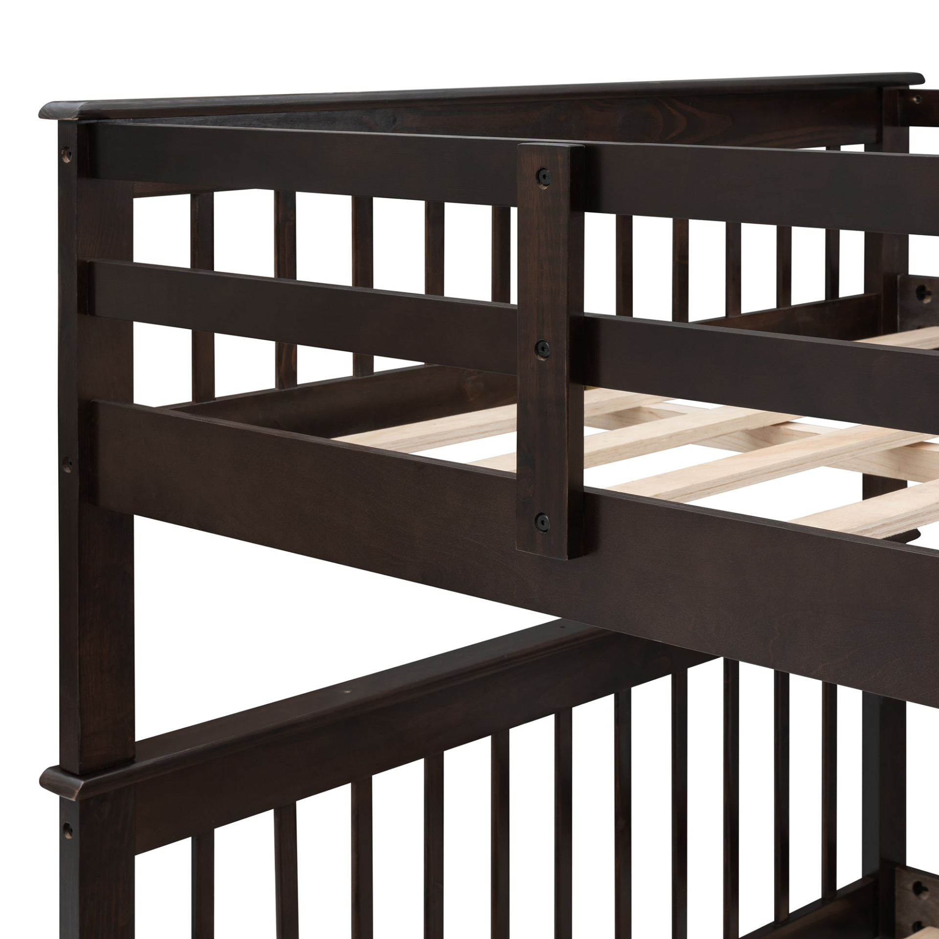 Start2Finish Stairway Full-Over-Full Bunk Bed with Twin Trundle, storage drawers, and guard rail in a bedroom setting.