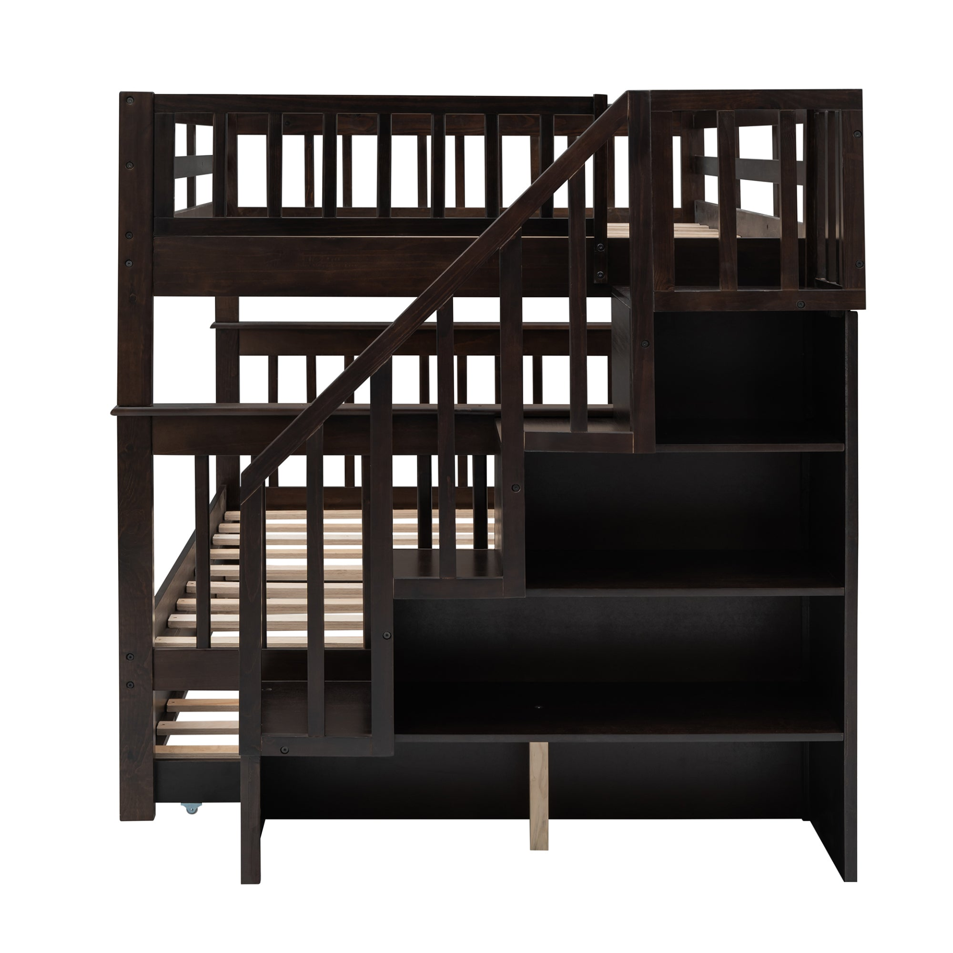 Start2Finish stairway full-over-full bunk bed with twin trundle, storage drawers, and guard rail in a bedroom setting