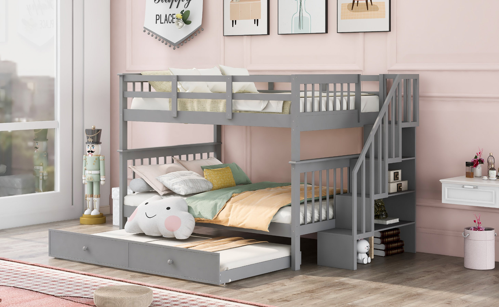 Start2Finish Stairway Full-Over-Full Bunk Bed with Twin Trundle, storage drawers, and guard rails in a bedroom setting.