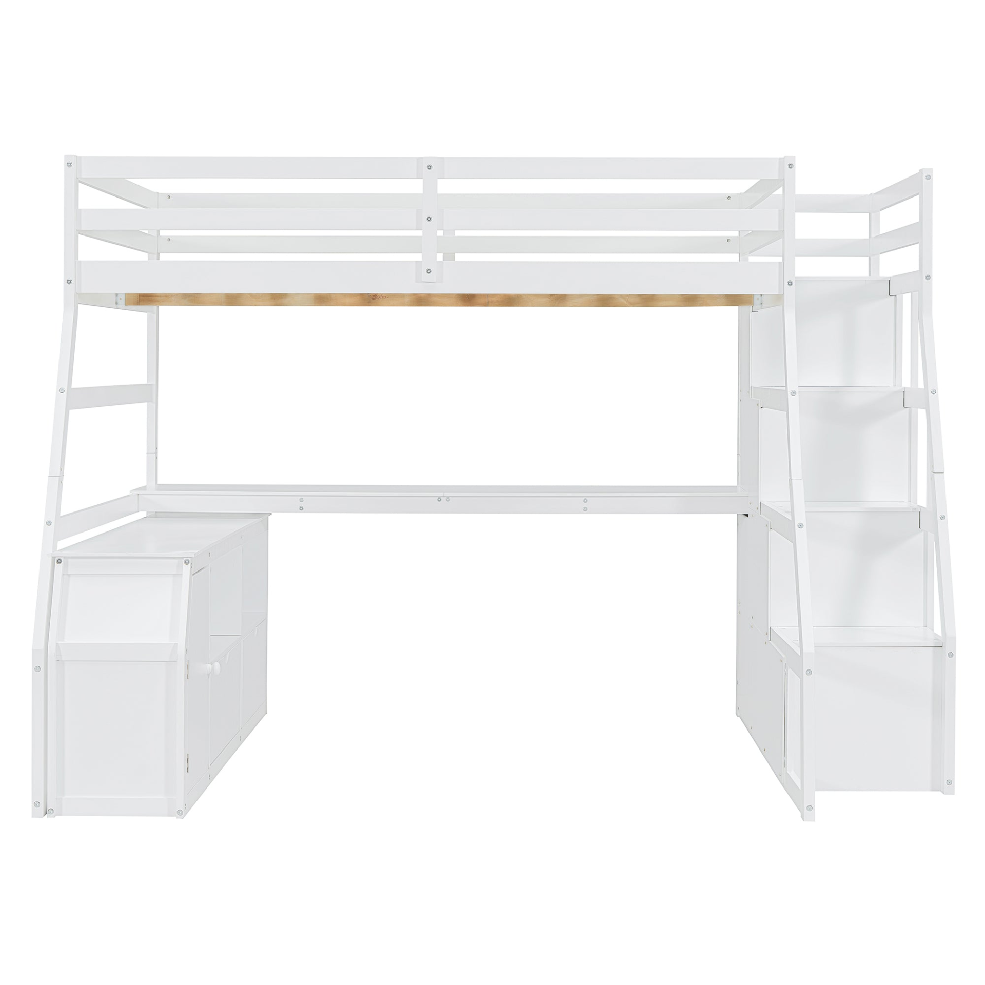 Start2Finish full size loft bed with built-in desk, 7 drawers, and 2 shelves for efficient space-saving bedroom storage.