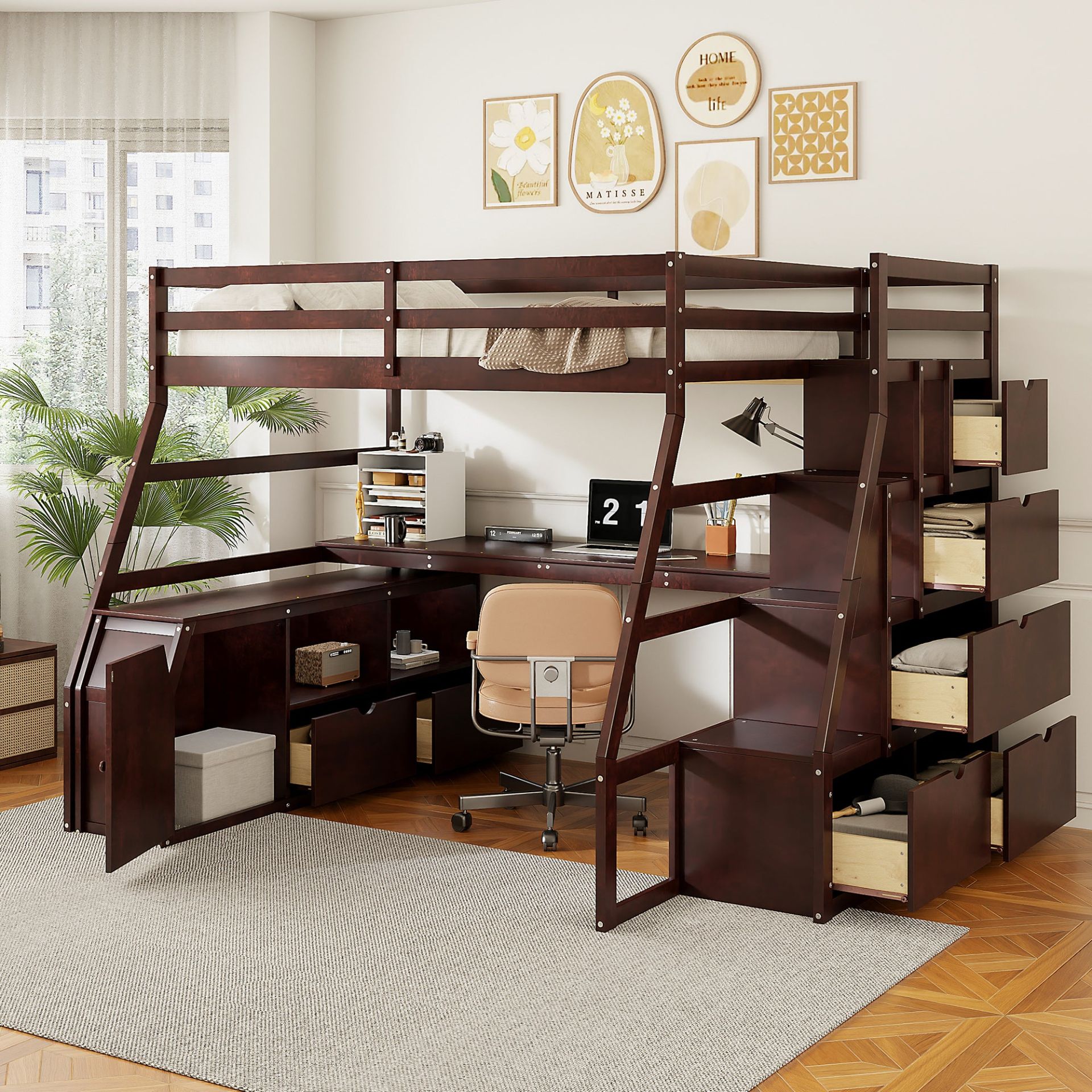 Full size Start2Finish loft bed with 7 drawers, 2 shelves, and built-in desk with storage in a modern bedroom setting.
