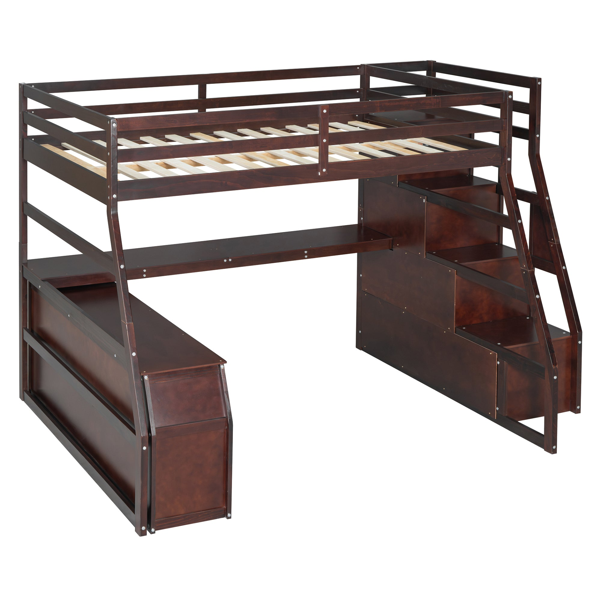 Full size Start2Finish loft bed with 7 drawers, 2 shelves, and built-in desk with storage in a modern bedroom setting.