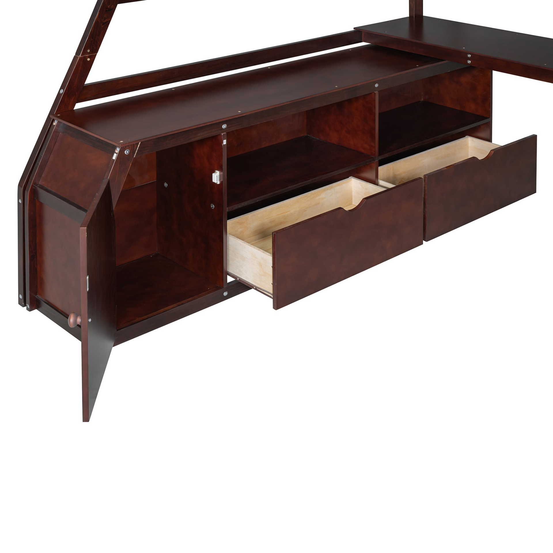 Full size loft bed by Start2Finish with 7 drawers, 2 shelves, and built-in desk for efficient bedroom storage and workspace.
