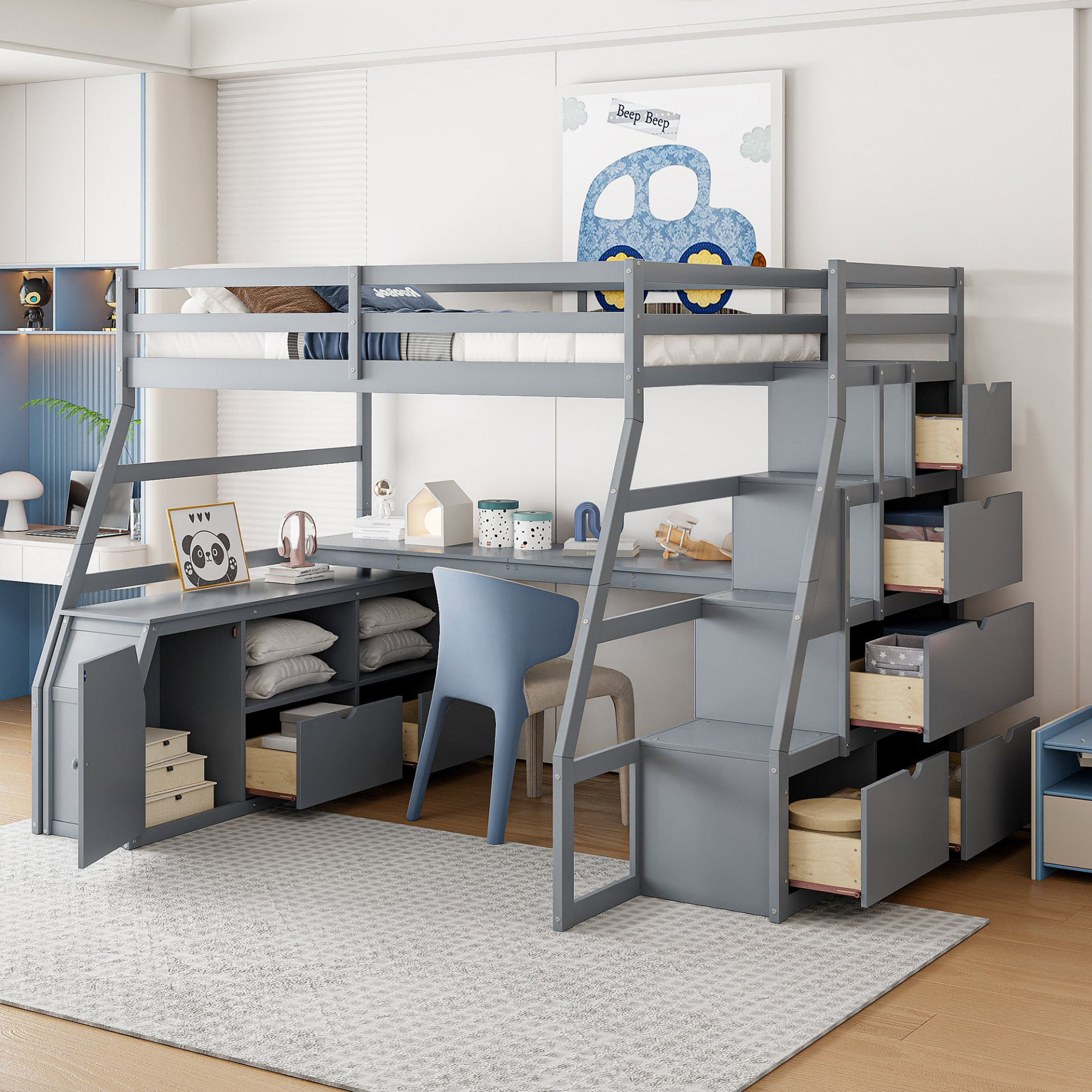 Start2Finish full size loft bed with built-in desk, 7 drawers and 2 shelves, showcasing the bed frame and integrated storage features.
