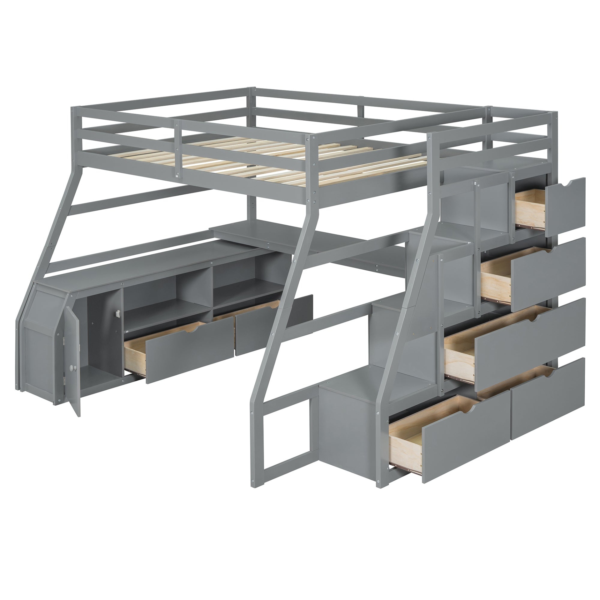 Full size Start2Finish loft bed with built-in desk, 7 drawers, and 2 shelves for versatile bedroom storage and space-saving design.