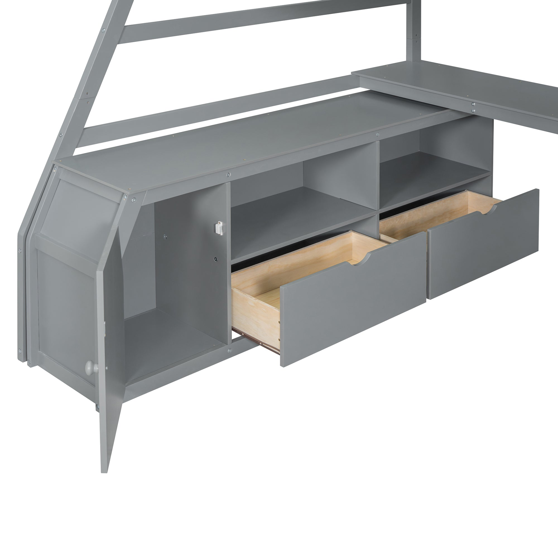 Start2Finish full size loft bed with built-in desk, 7 drawers, and 2 shelves showing the bed frame, desks, and storage features.