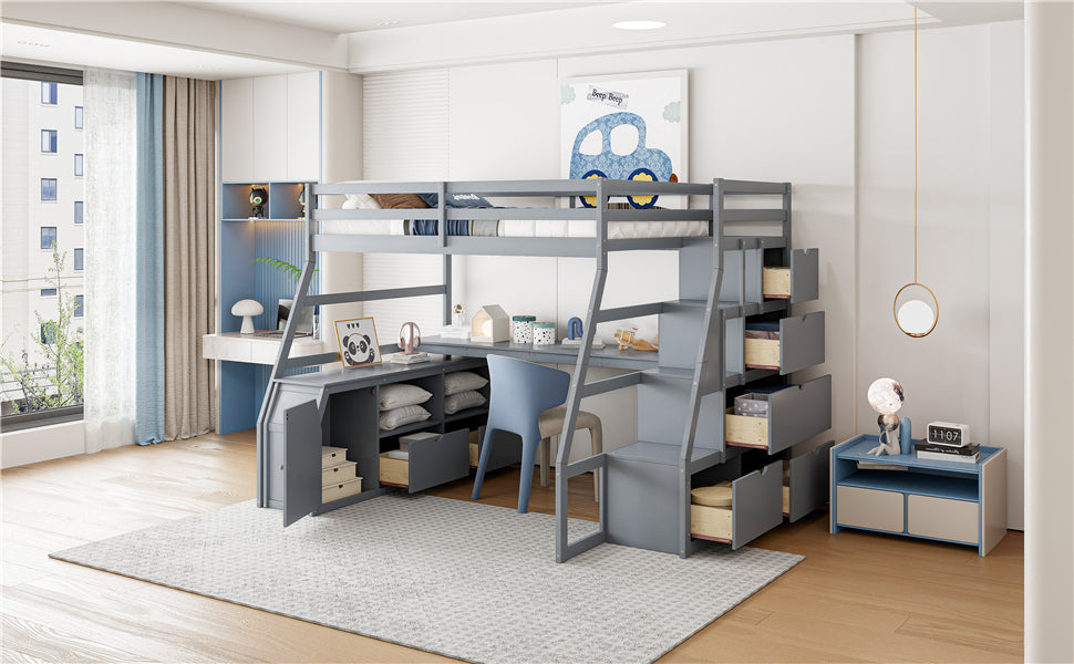 Full size Start2Finish loft bed with built-in desk, 7 drawers, and 2 shelves, showcasing organized bedroom furniture with storage.