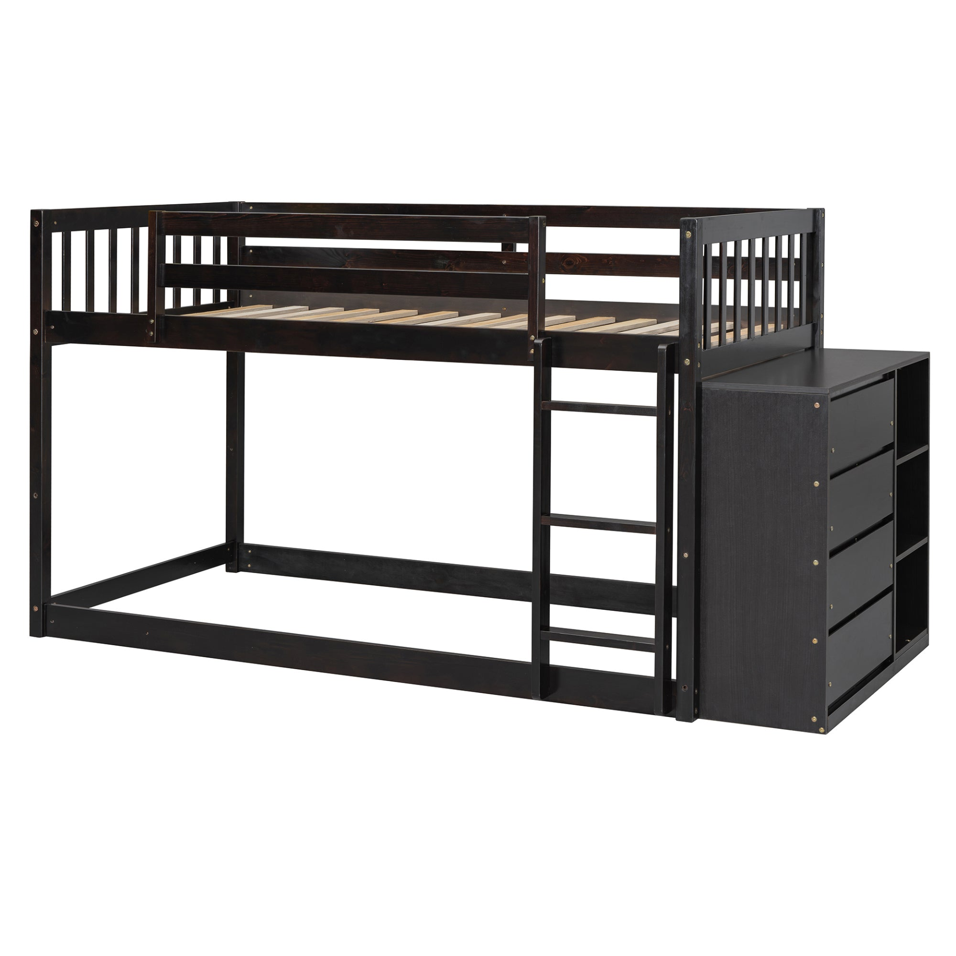 Start2Finish twin over twin bunk bed with solid wood frame, 4 drawers, and 3 shelves for versatile children&