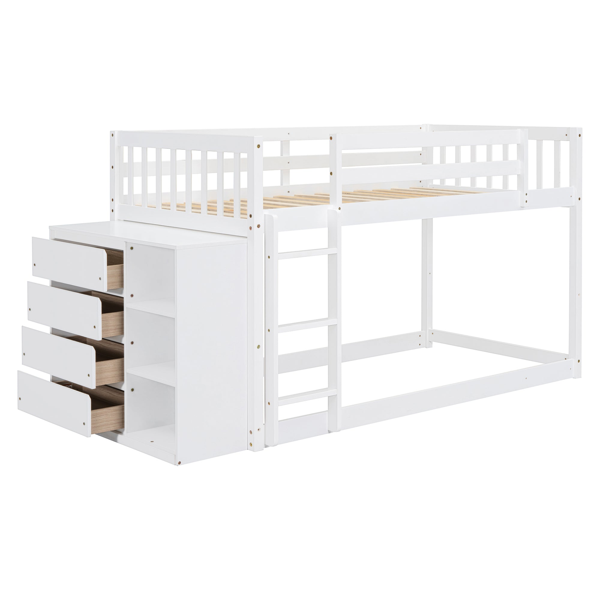 Solid wood twin over twin bunk bed from Start2Finish with built-in 4 drawers and 3 shelves, showcasing a sturdy frame and functional design.