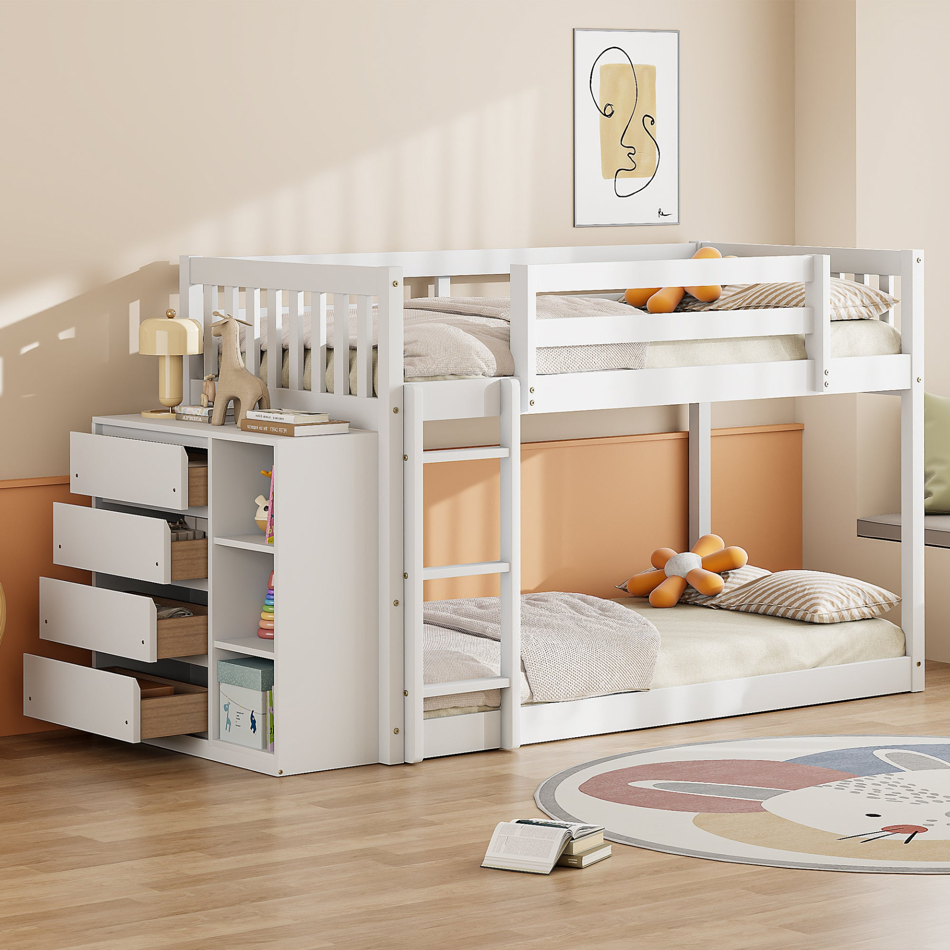 Solid wood twin over twin bunk bed by Start2Finish with 4 drawers and 3 shelves for efficient bedroom storage.