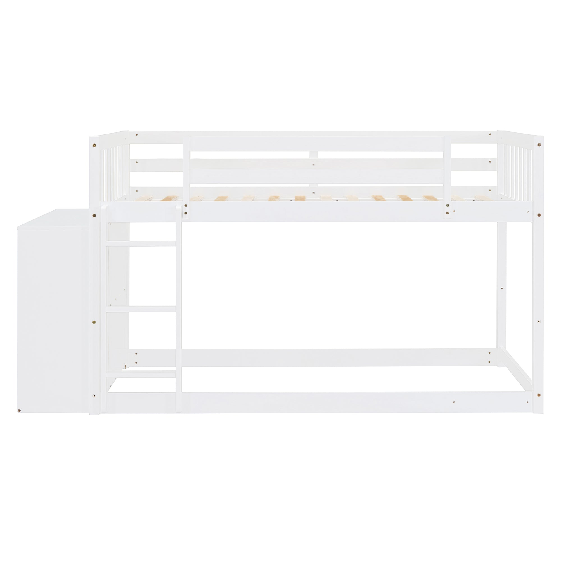Start2Finish twin over twin bunk bed with solid wood frame, four storage drawers and three shelves, showcasing a sturdy bedroom furniture piece.