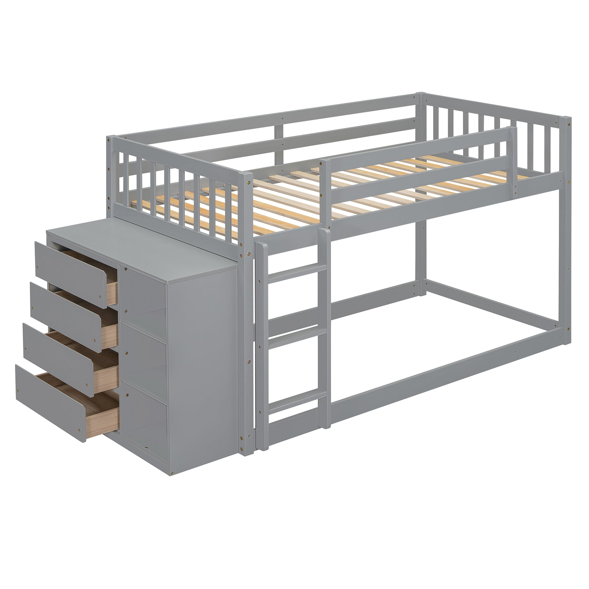 Solid wood twin over twin bunk bed with four drawers and three shelves, featuring a sturdy frame and natural wood finish.