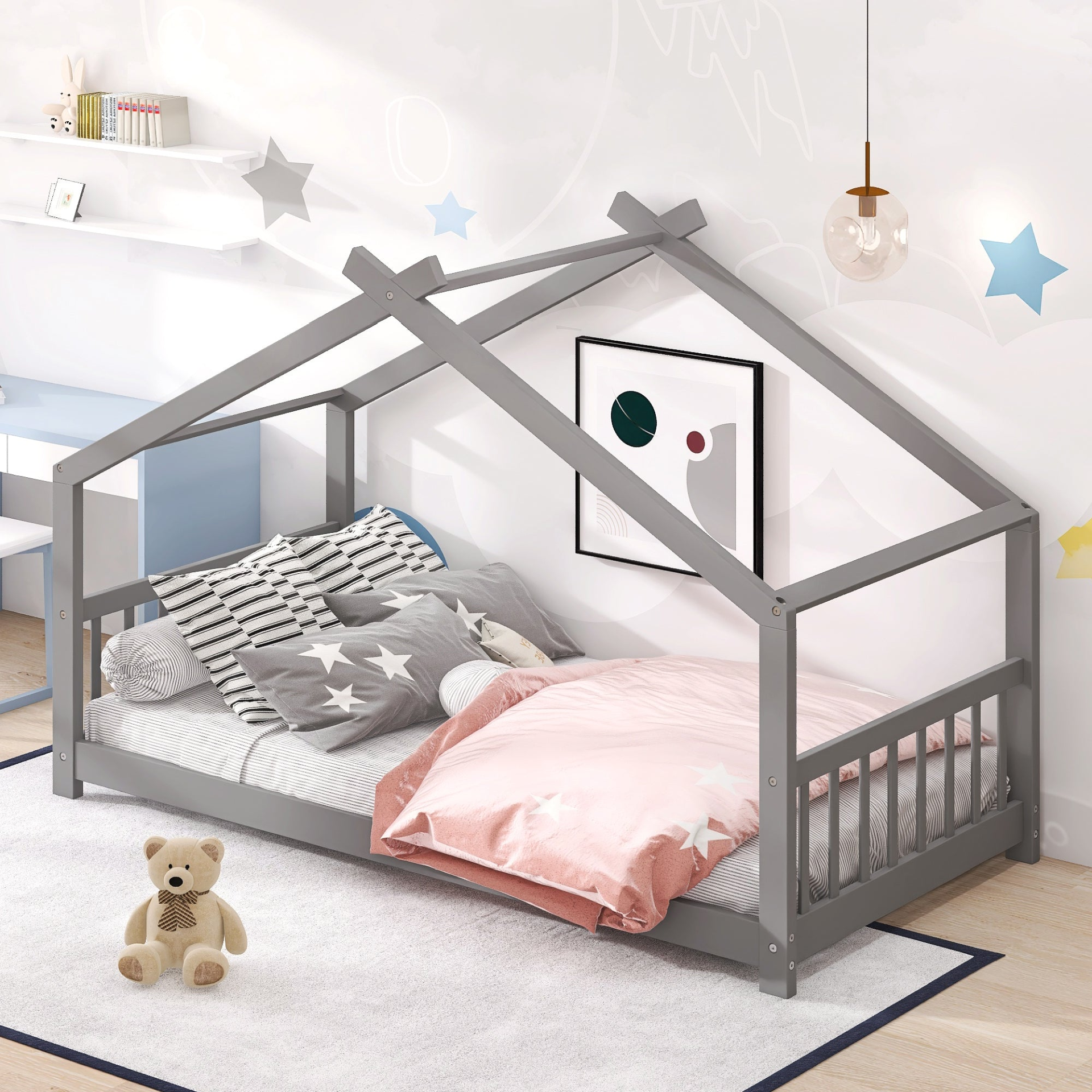 Solid wood twin house bed with slatted base, kids house-style frame by Start2Finish, perfect for children&