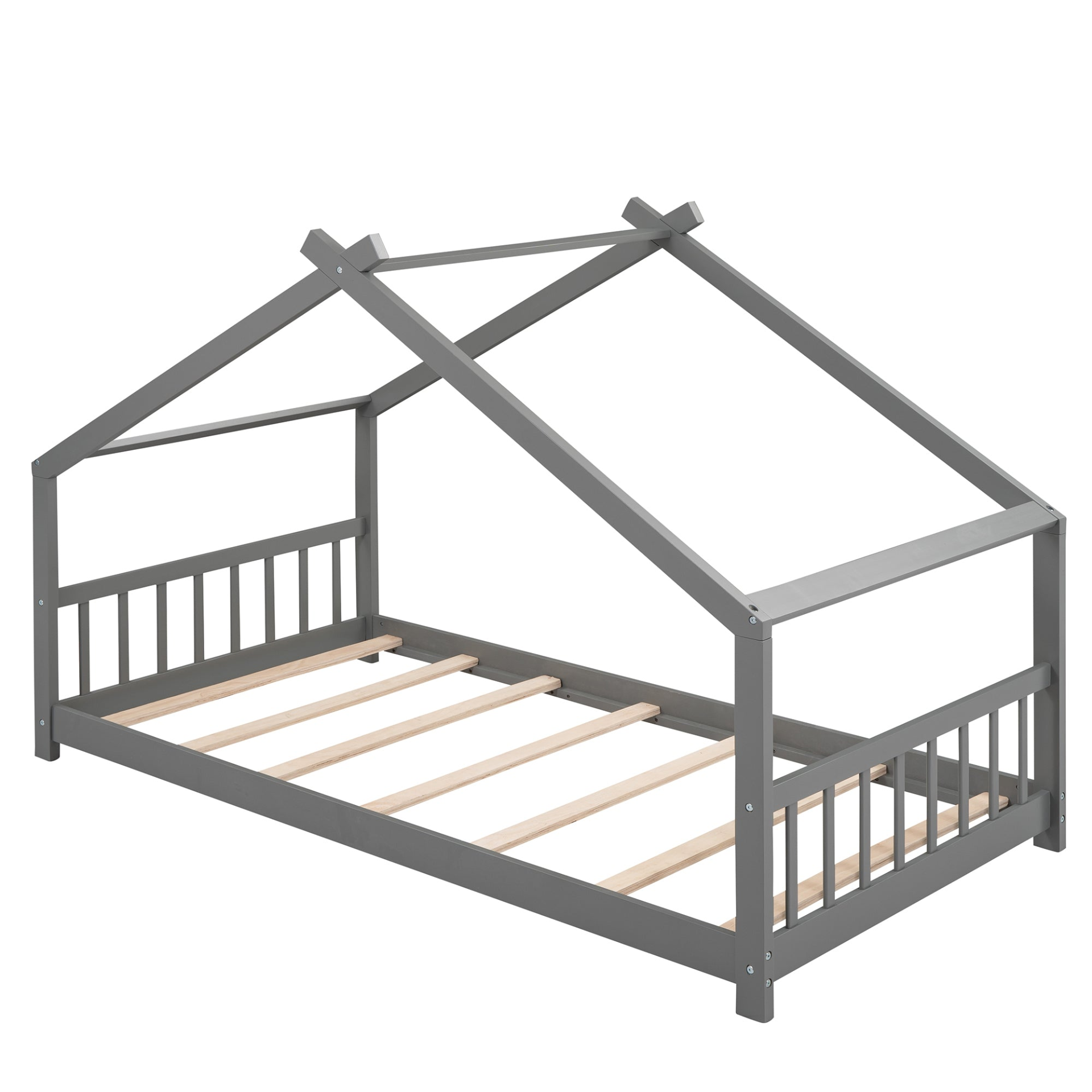 Solid wood twin house bed for kids with slatted base, featuring a house-style frame and sturdy construction by Start2Finish.
