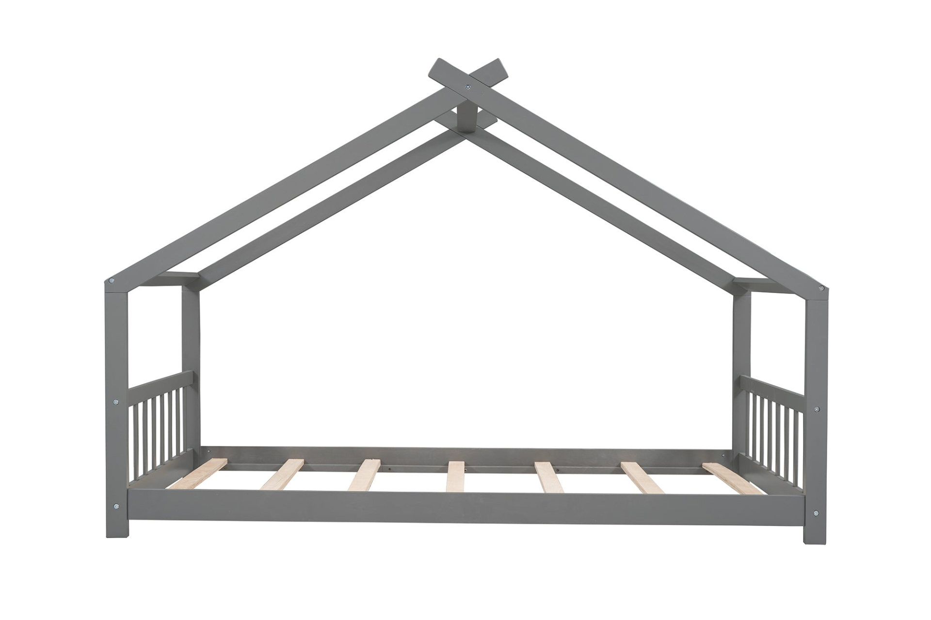 Start2Finish twin size wood house bed with slatted base, solid wood frame, kid-friendly house-style design for children’s bedroom.