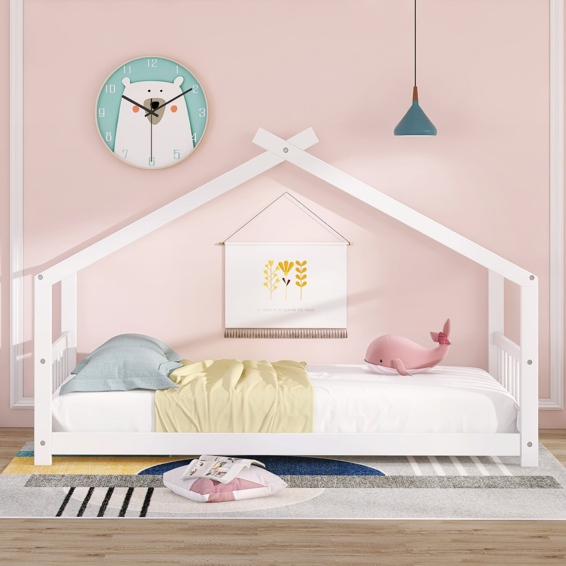 Start2Finish twin size house bed with solid wood frame and slatted base, designed for kids with a cozy house-style design.