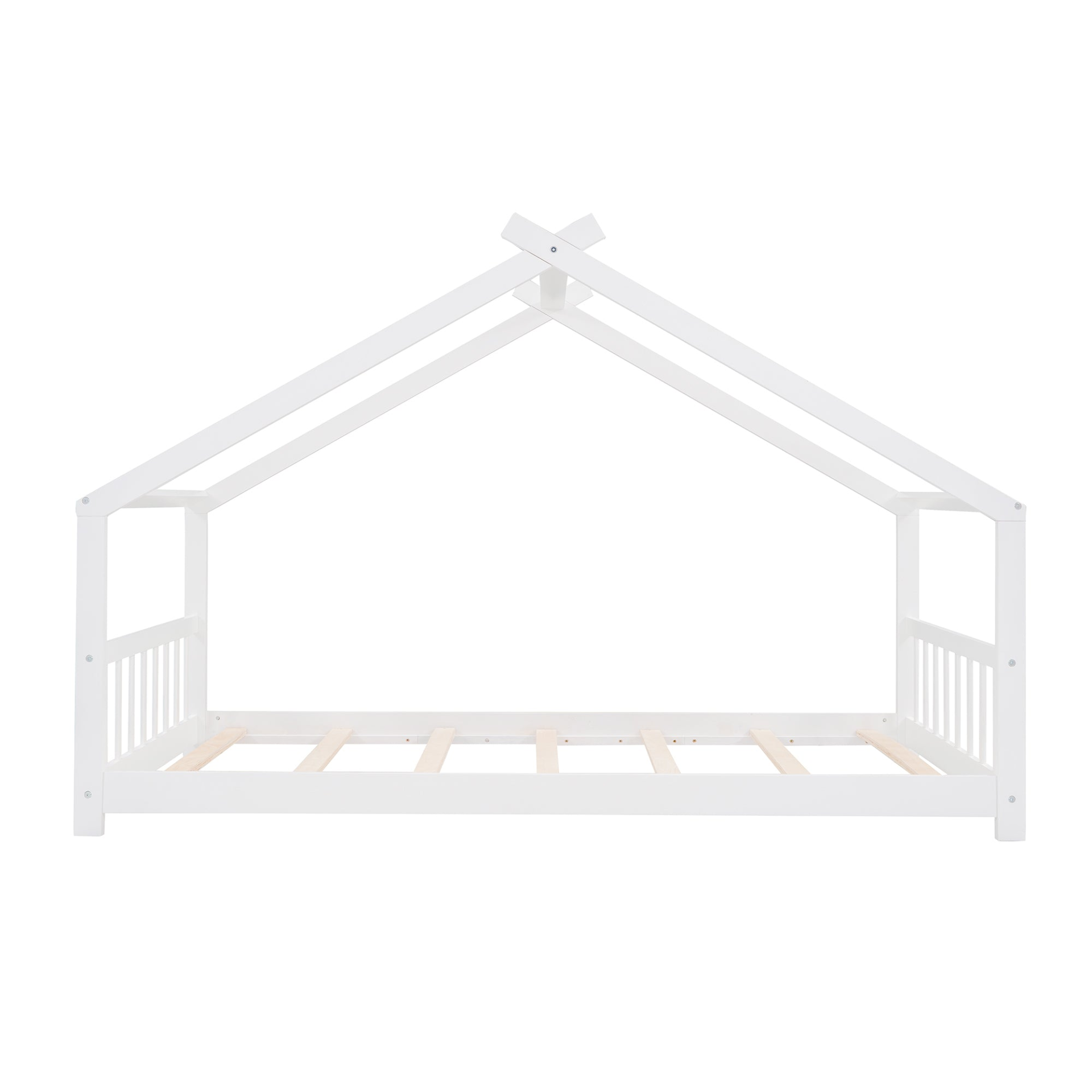 Solid wood twin house bed with slatted base, children’s house-style frame, featuring a cozy enclosed design and sturdy construction.