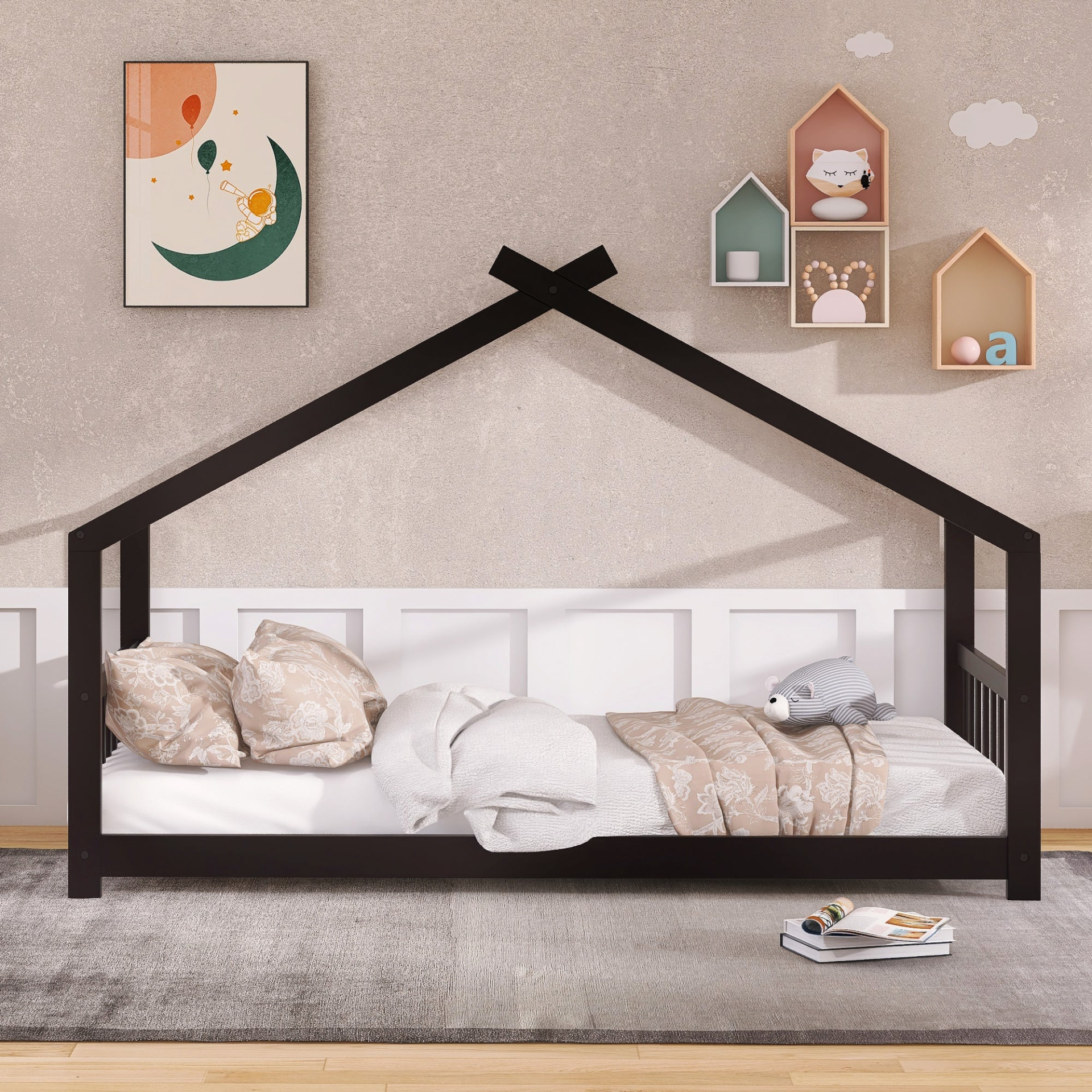 Start2Finish twin size house bed with solid wood frame and slatted base, designed for kids, featuring a charming house-style design.