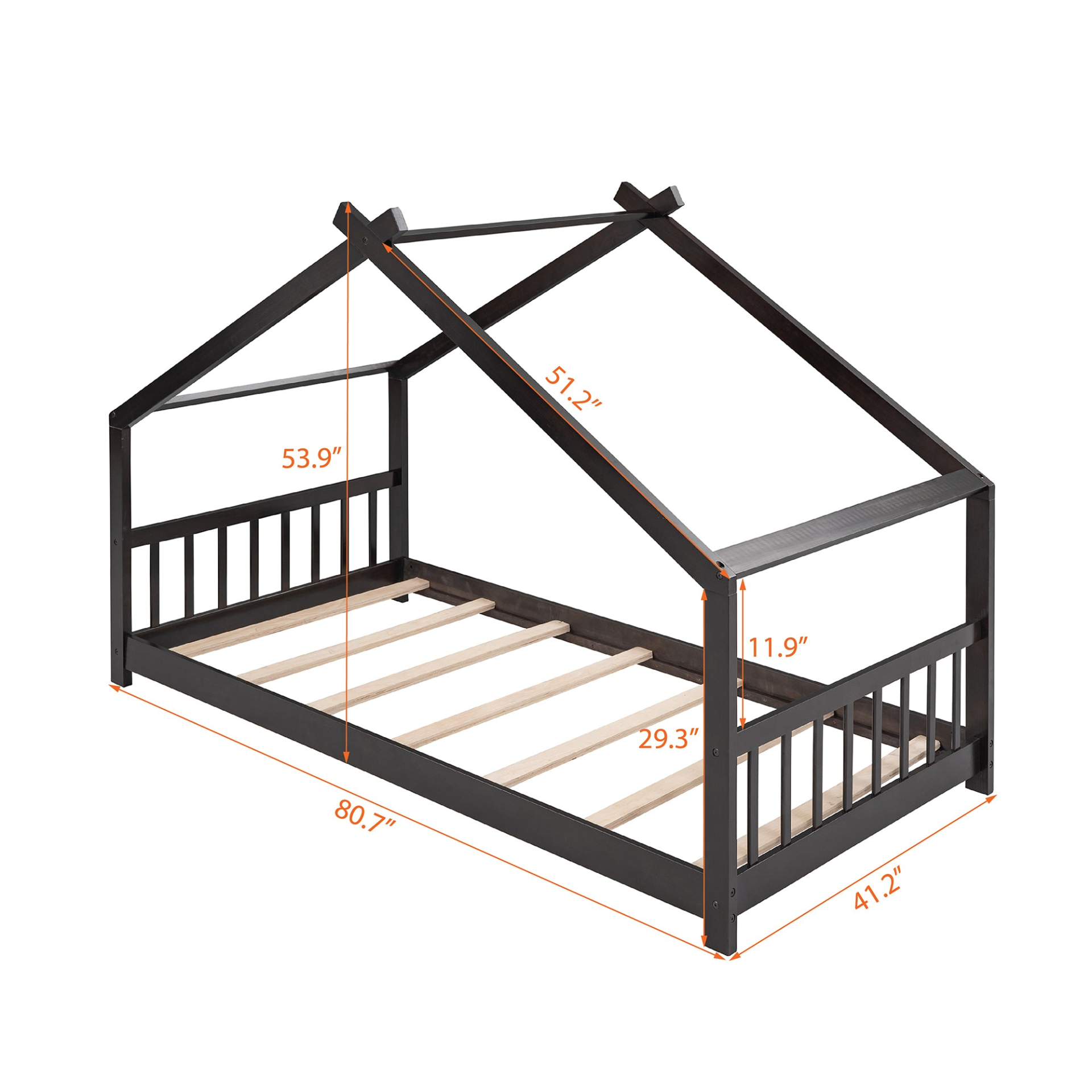 Solid wood twin house bed with slatted base, kids&