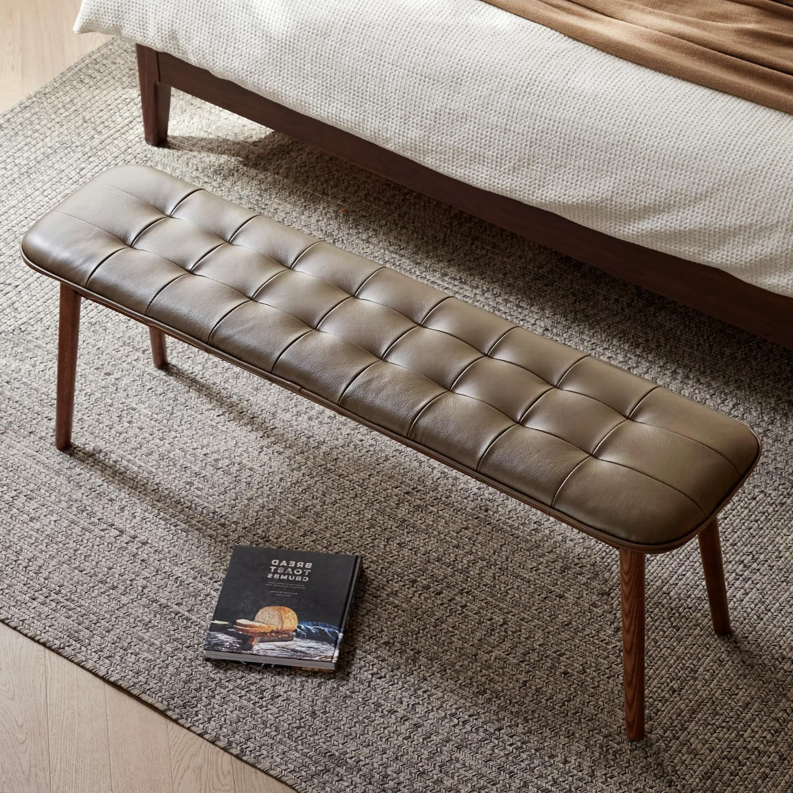 Natural oak wood dining bench with leather cushion, ideal for living room or dining area, by Start2Finish furniture.