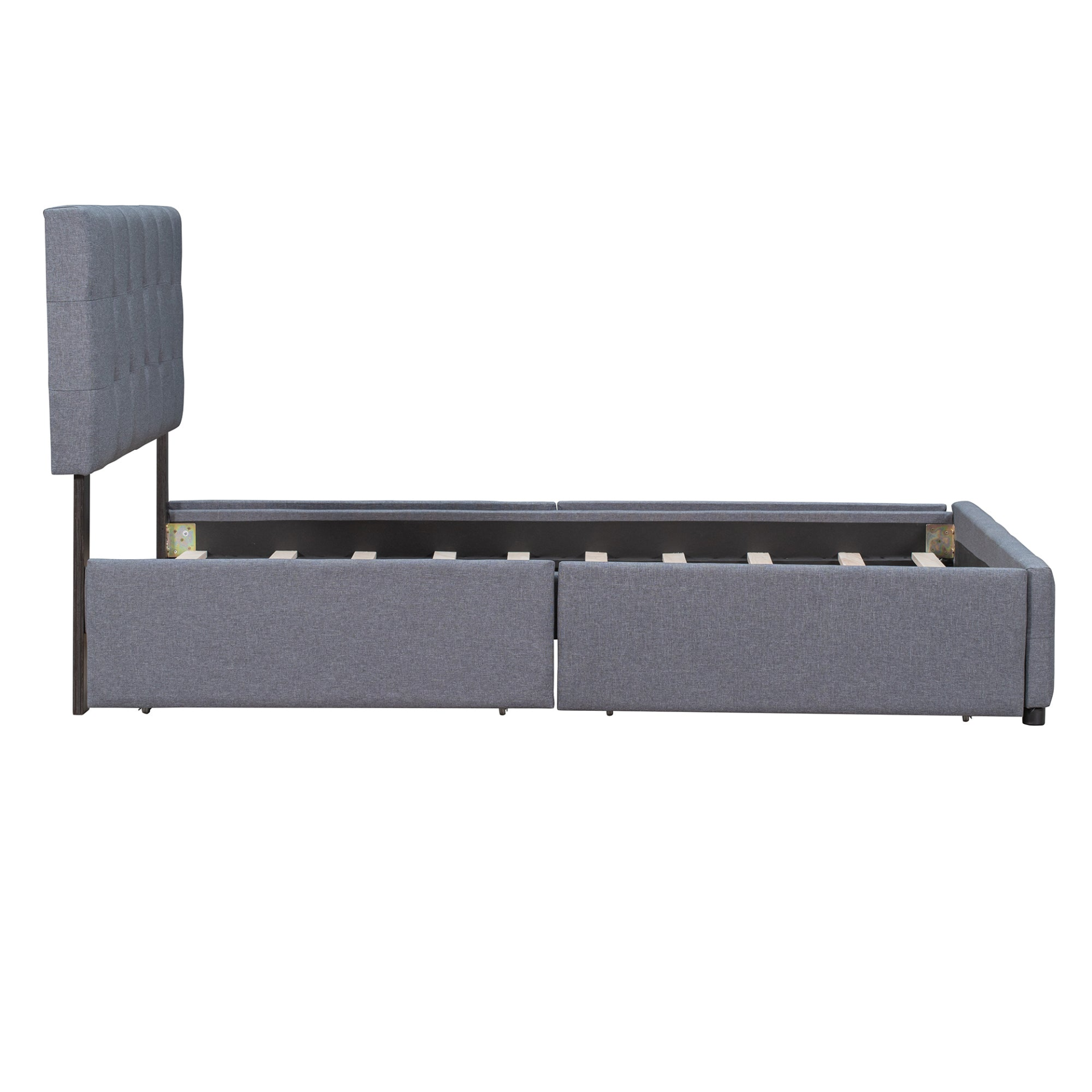 Start2Finish upholstered platform bed with classic headboard and four linen fabric drawers, showcasing a stylish bedroom furniture piece.