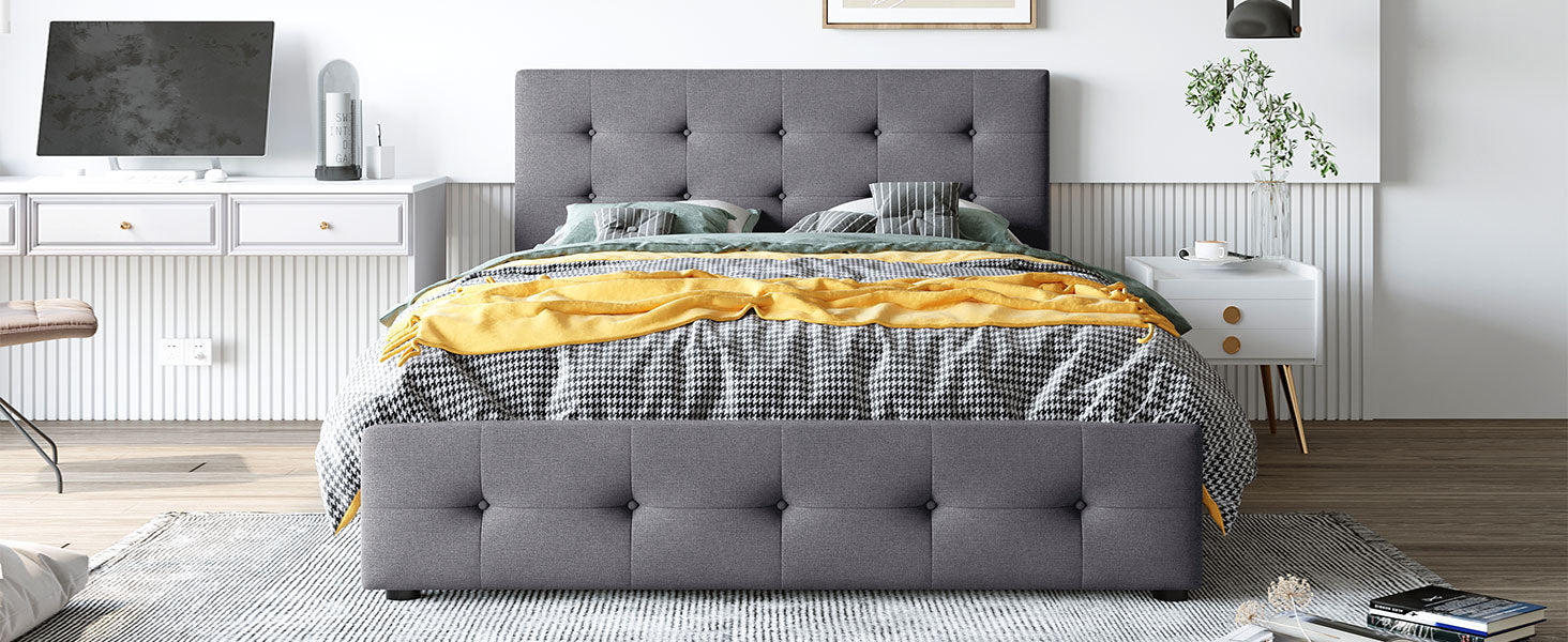 Start2Finish linen fabric upholstered platform bed with classic headboard and four storage drawers, showcasing a modern bedroom furniture piece.