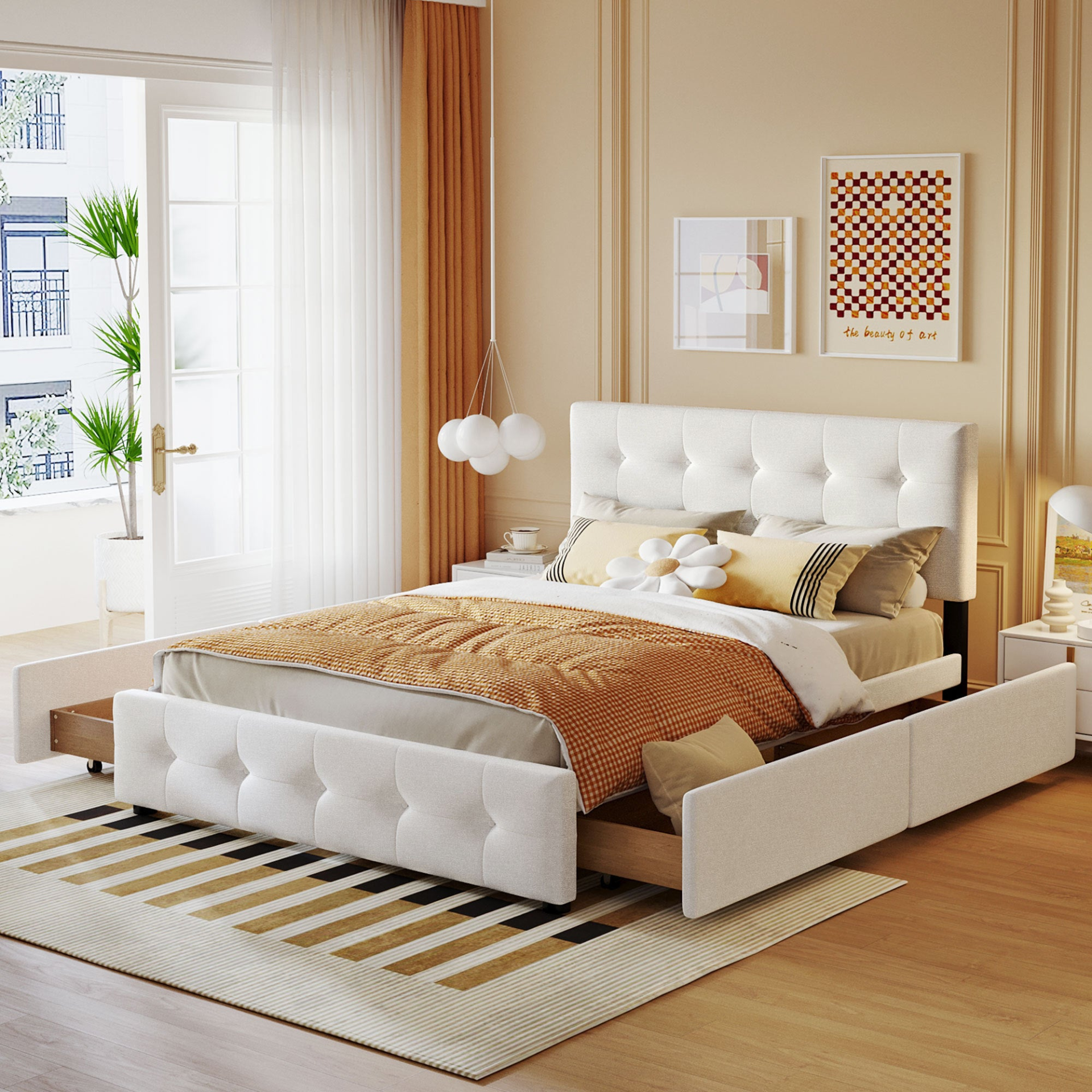 Start2Finish linen fabric upholstered platform bed with classic headboard and four storage drawers in a modern bedroom setting.
