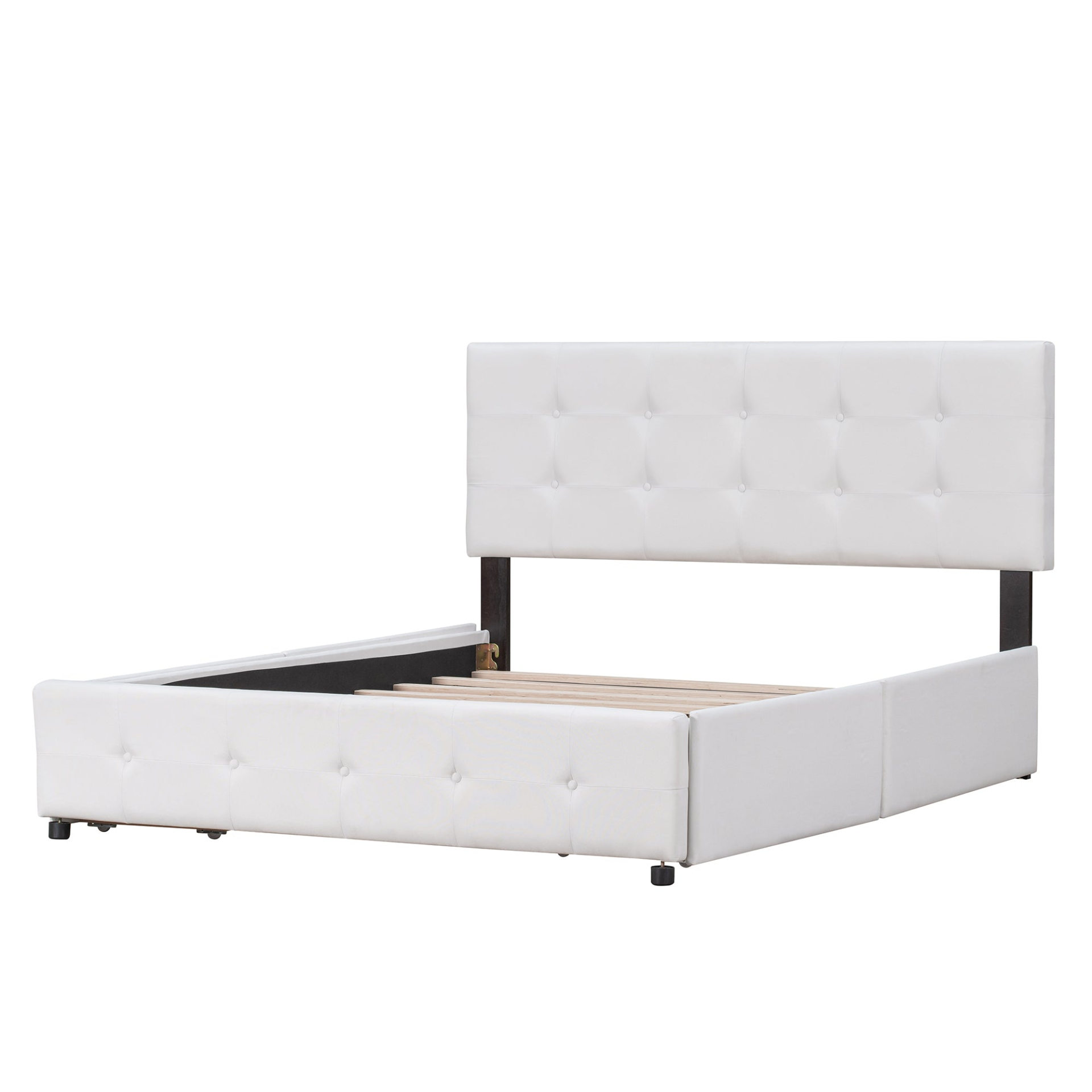 Start2Finish linen fabric upholstered platform bed with classic headboard and four storage drawers in a modern bedroom setting.
