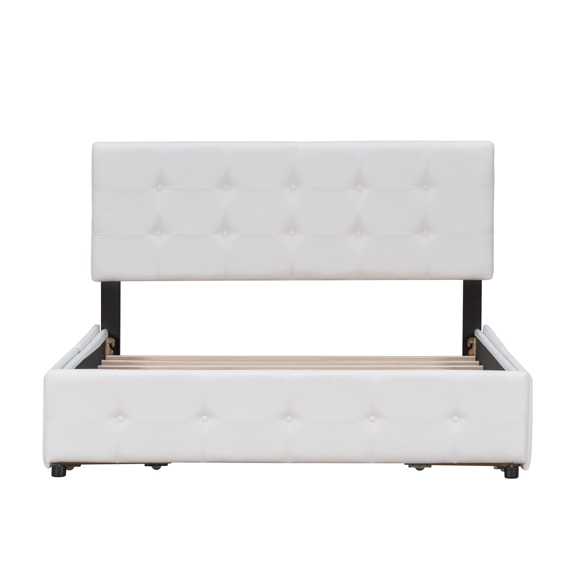 Start2Finish upholstered platform bed with classic headboard and four linen fabric drawers, showcasing the clean, modern design.