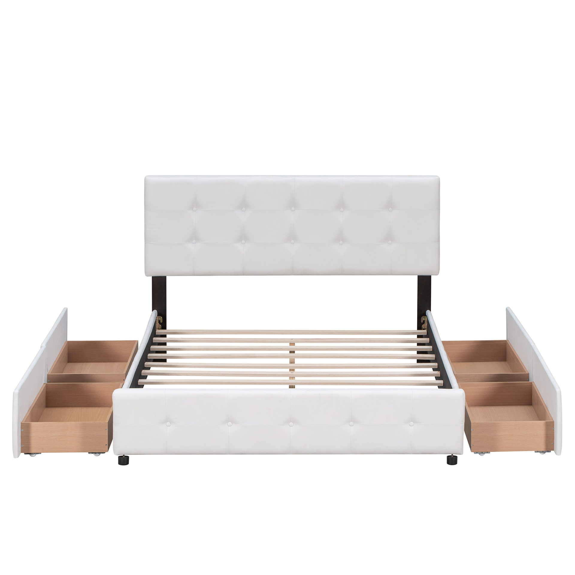 Start2Finish upholstered platform bed with classic headboard, linen fabric, and four storage drawers, modern bedroom furniture.