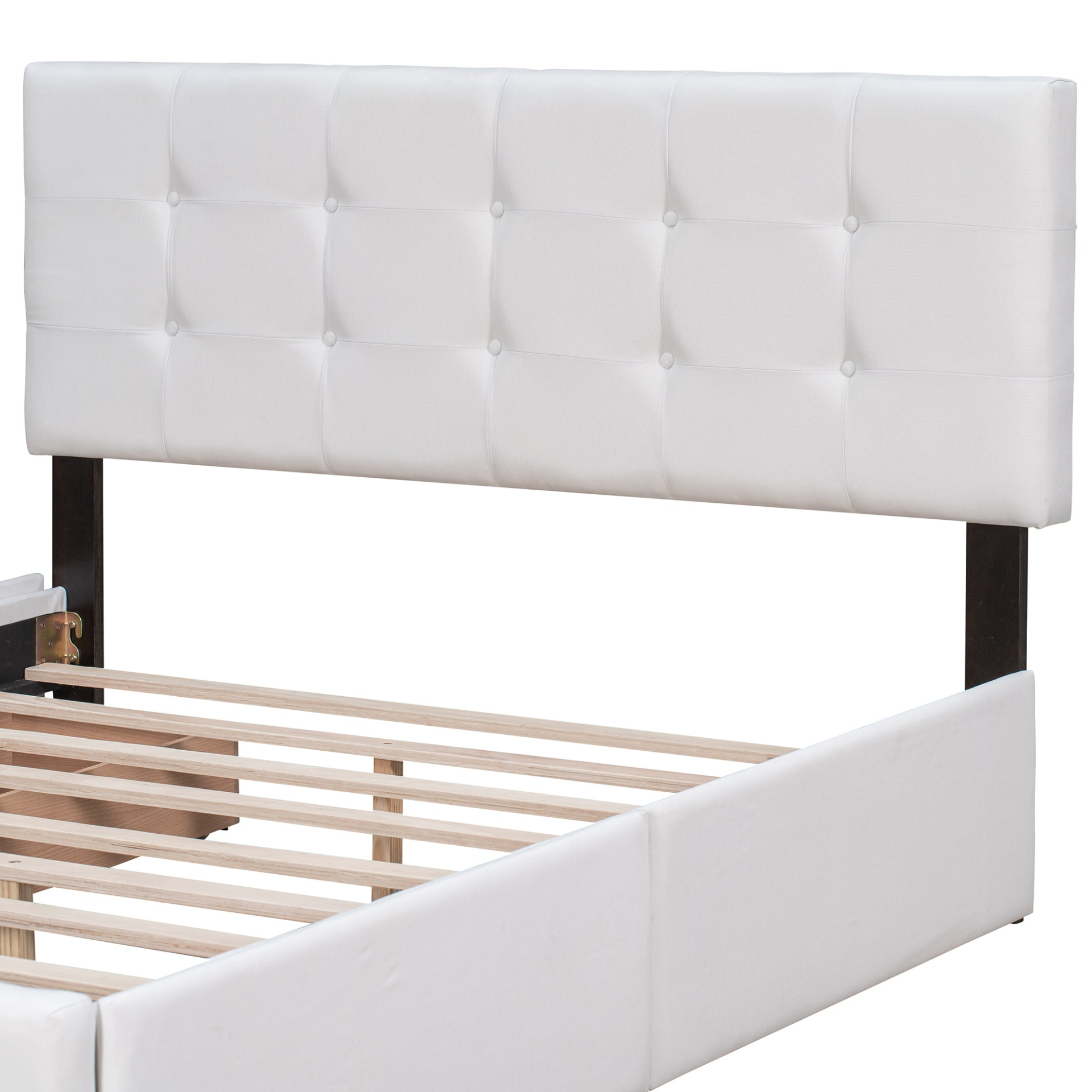 Start2Finish linen upholstered platform bed with classic headboard and four storage drawers, featuring a stylish, comfortable design.