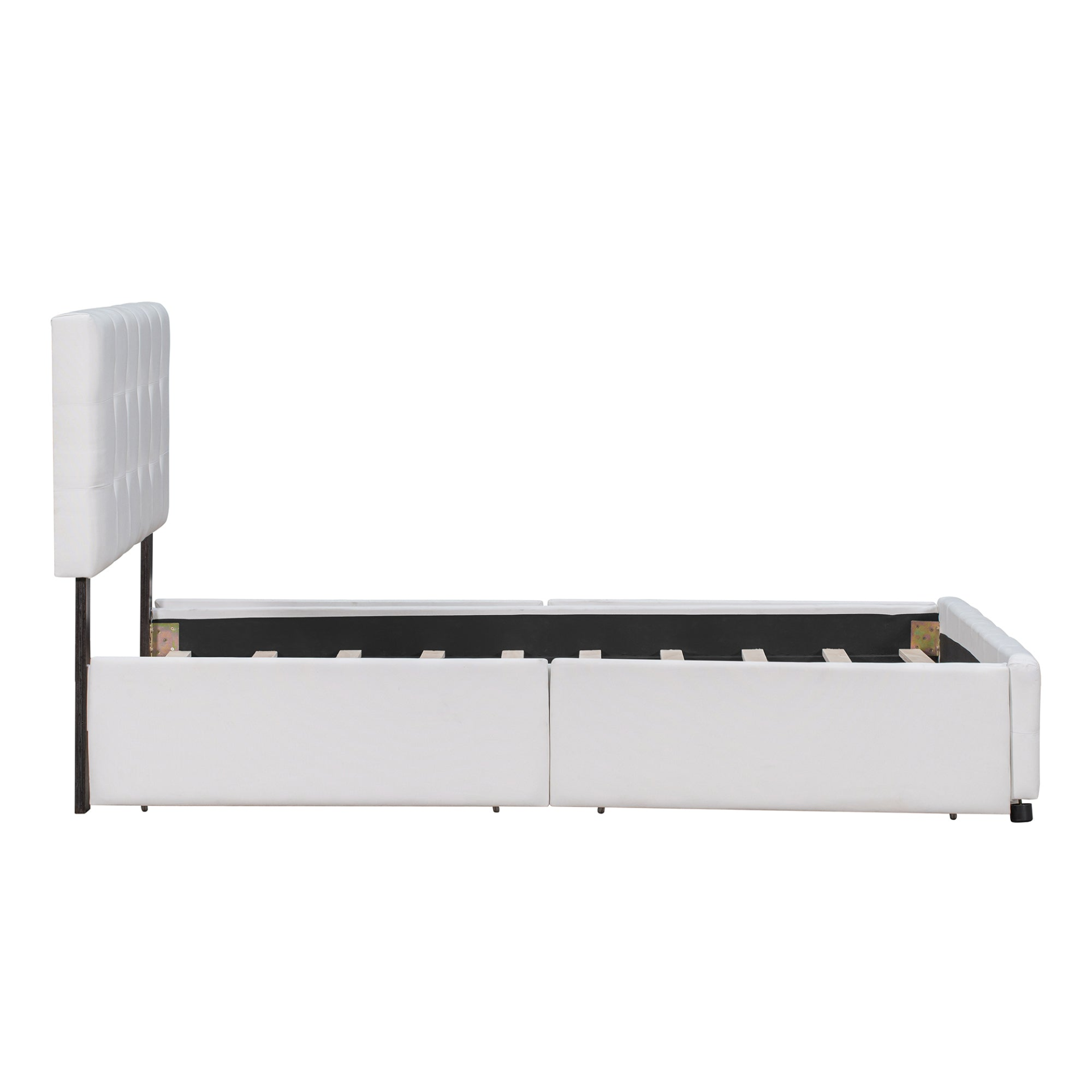 Start2Finish linen upholstered platform bed with classic headboard and four built-in drawers, showcasing its elegant design and storage.