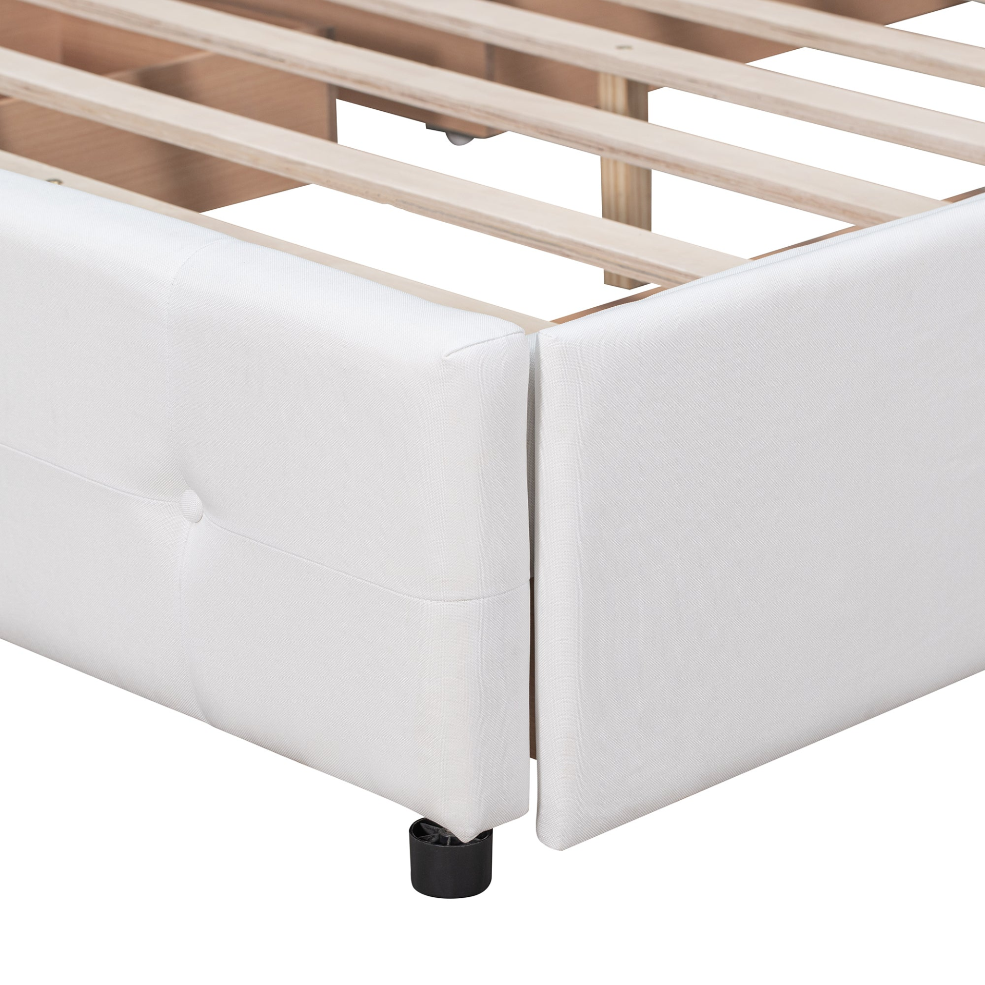 Start2Finish upholstered platform bed with classic headboard and four drawers in linen fabric, showcasing a modern bedroom setup.