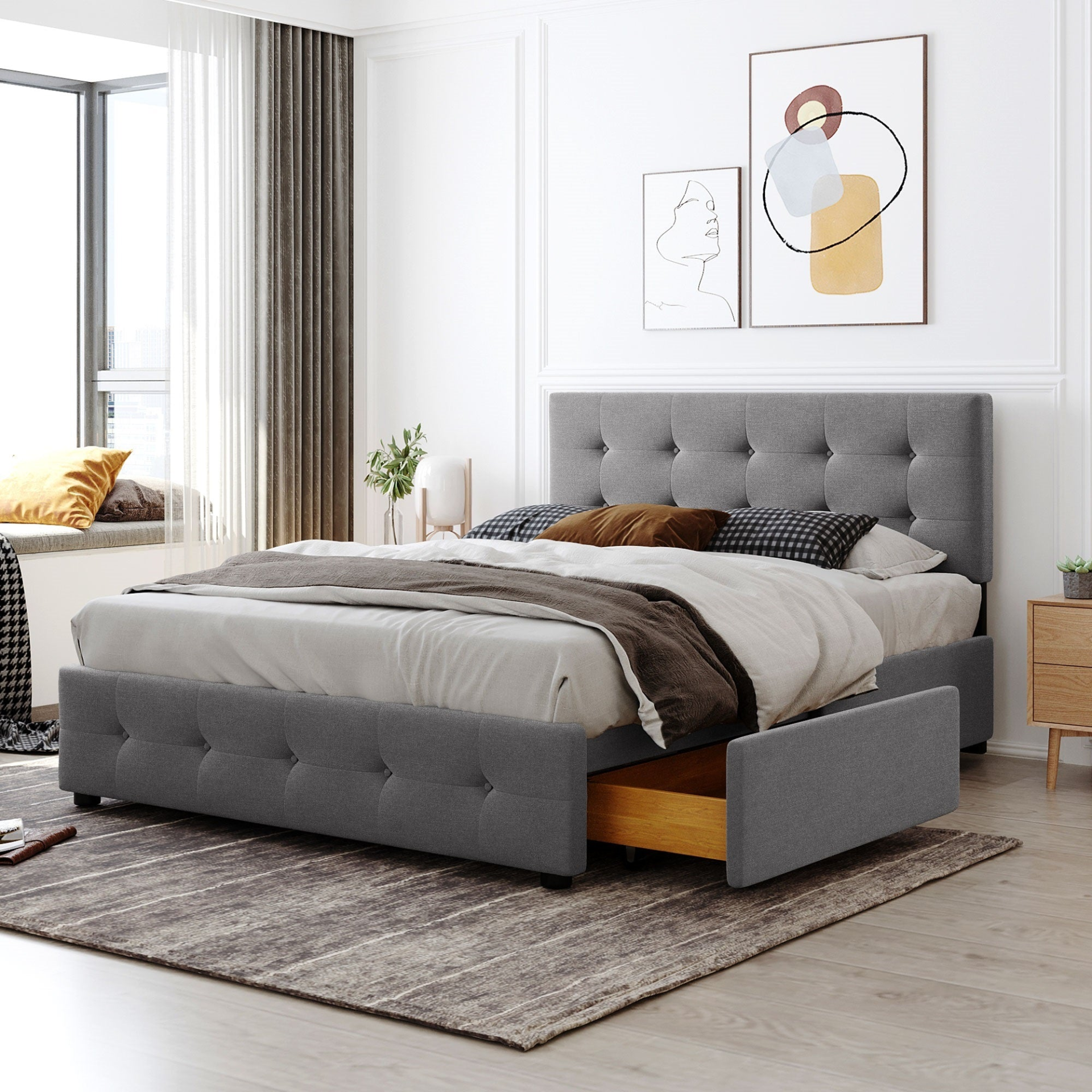 Start2Finish upholstered platform bed with classic headboard, linen fabric, and four storage drawers in a modern bedroom setting.