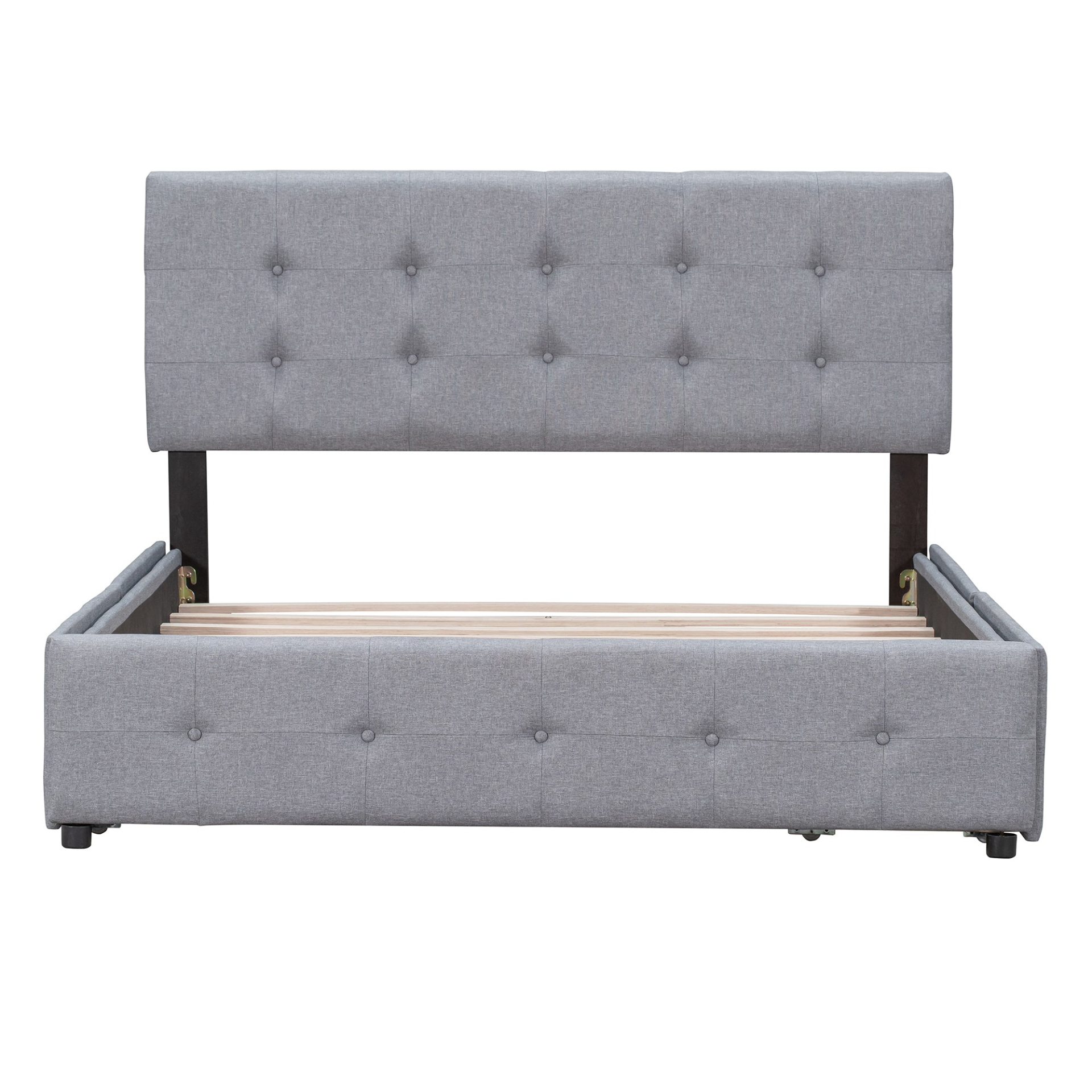 Start2Finish linen fabric upholstered platform bed with classic headboard and four storage drawers, modern bedroom furniture.