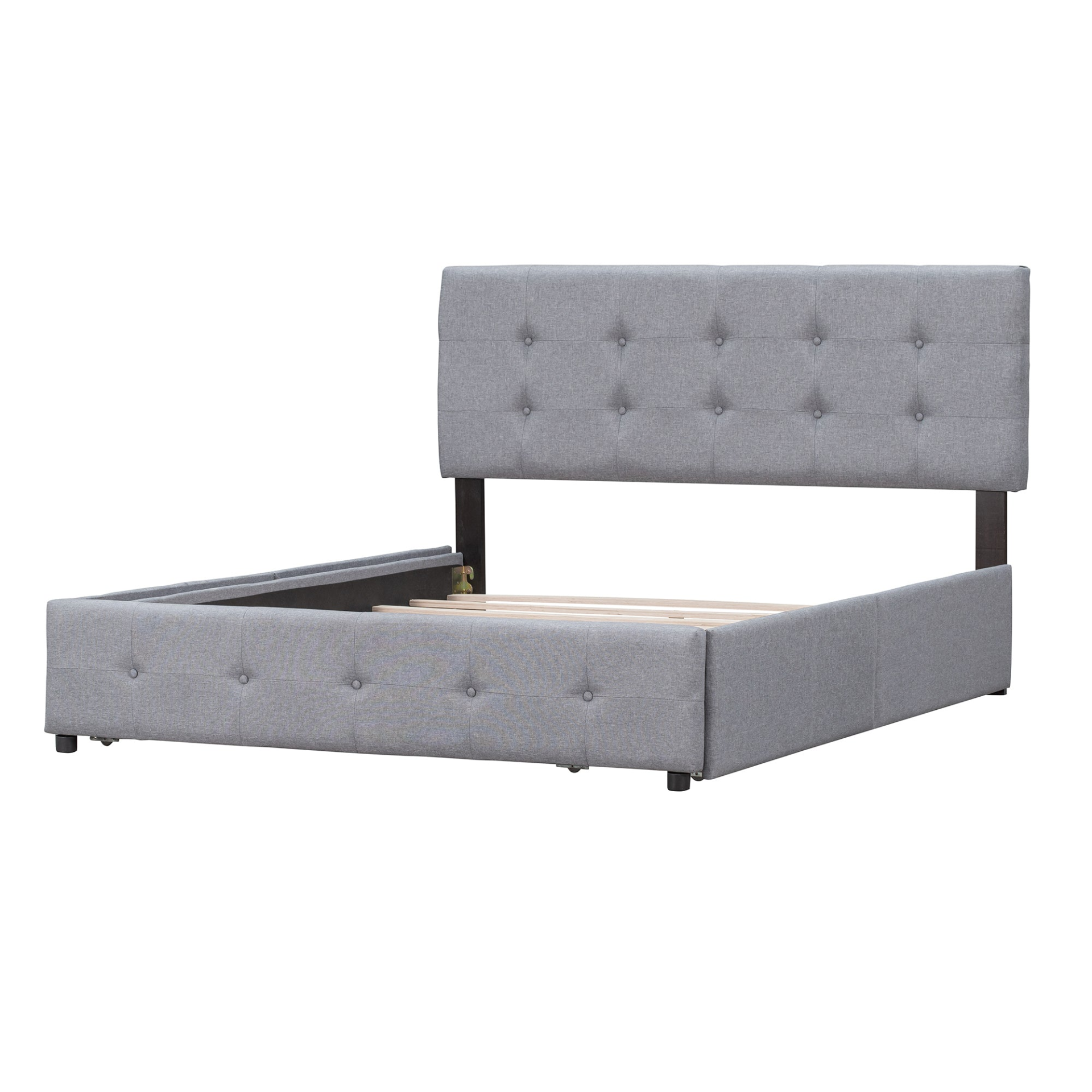 Start2Finish upholstered platform bed with classic headboard and four drawers in linen fabric, showcasing the stylish design and storage features.