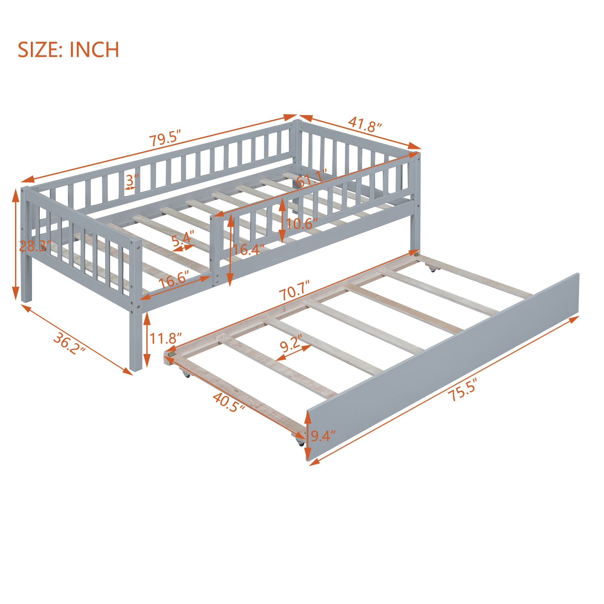 Start2Finish wood daybed with trundle and fence guardrails, ideal for home, guest room, or kids&