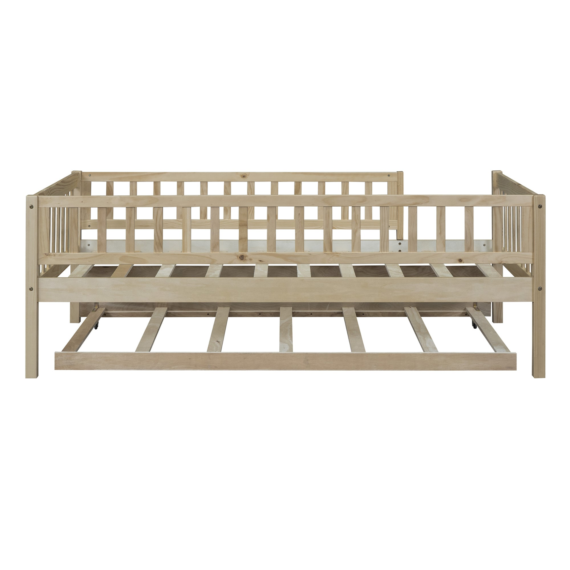 Wood daybed with trundle and fence guardrails by Start2Finish, shown in a cozy bedroom setting with bedding and pillows.