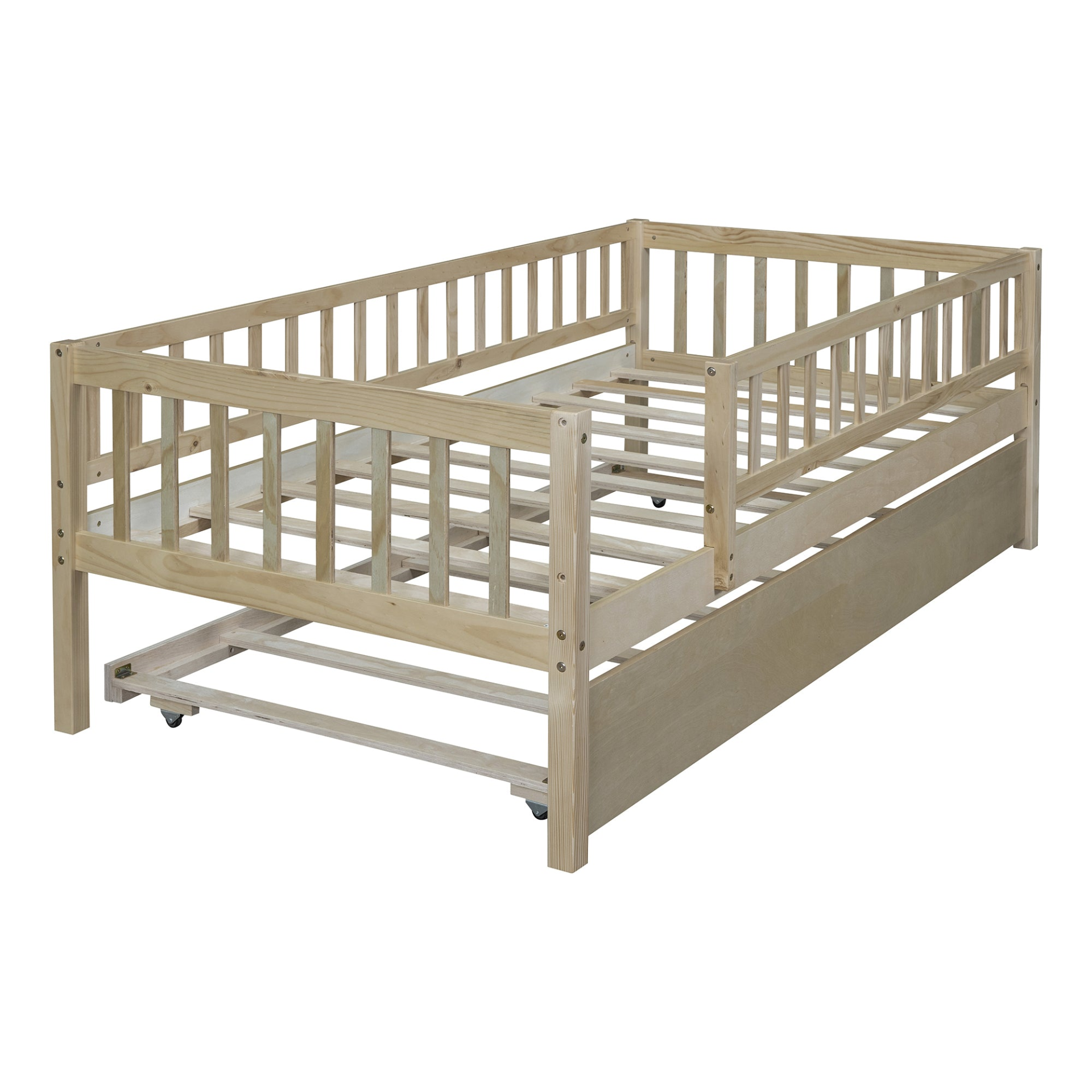 Start2Finish wood daybed with trundle and fence guardrails, suitable for home, guest room, or kids&