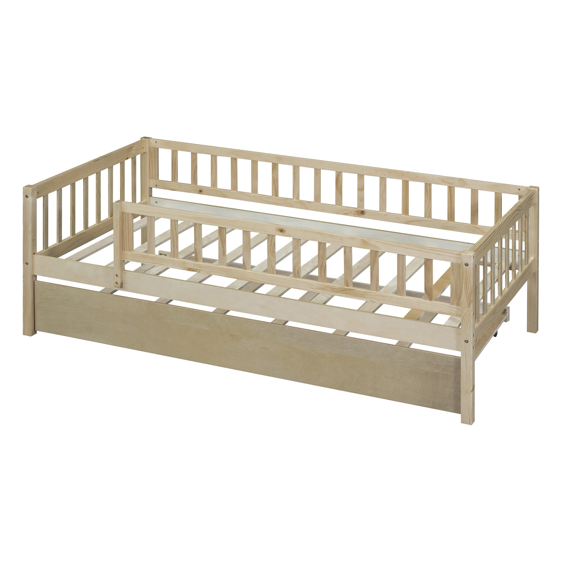 Start2Finish wood daybed with trundle and fence guardrails, ideal for home, guest room, or kids&
