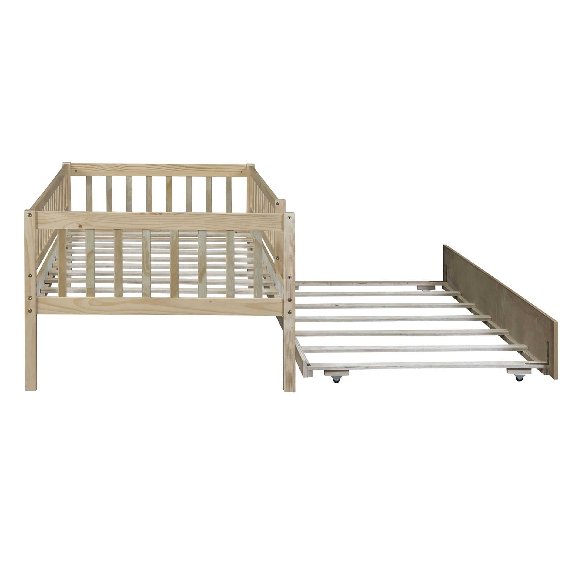 Start2Finish wood daybed with trundle and fence guardrails, shown in a cozy home bedroom setting with pillows and bedding.